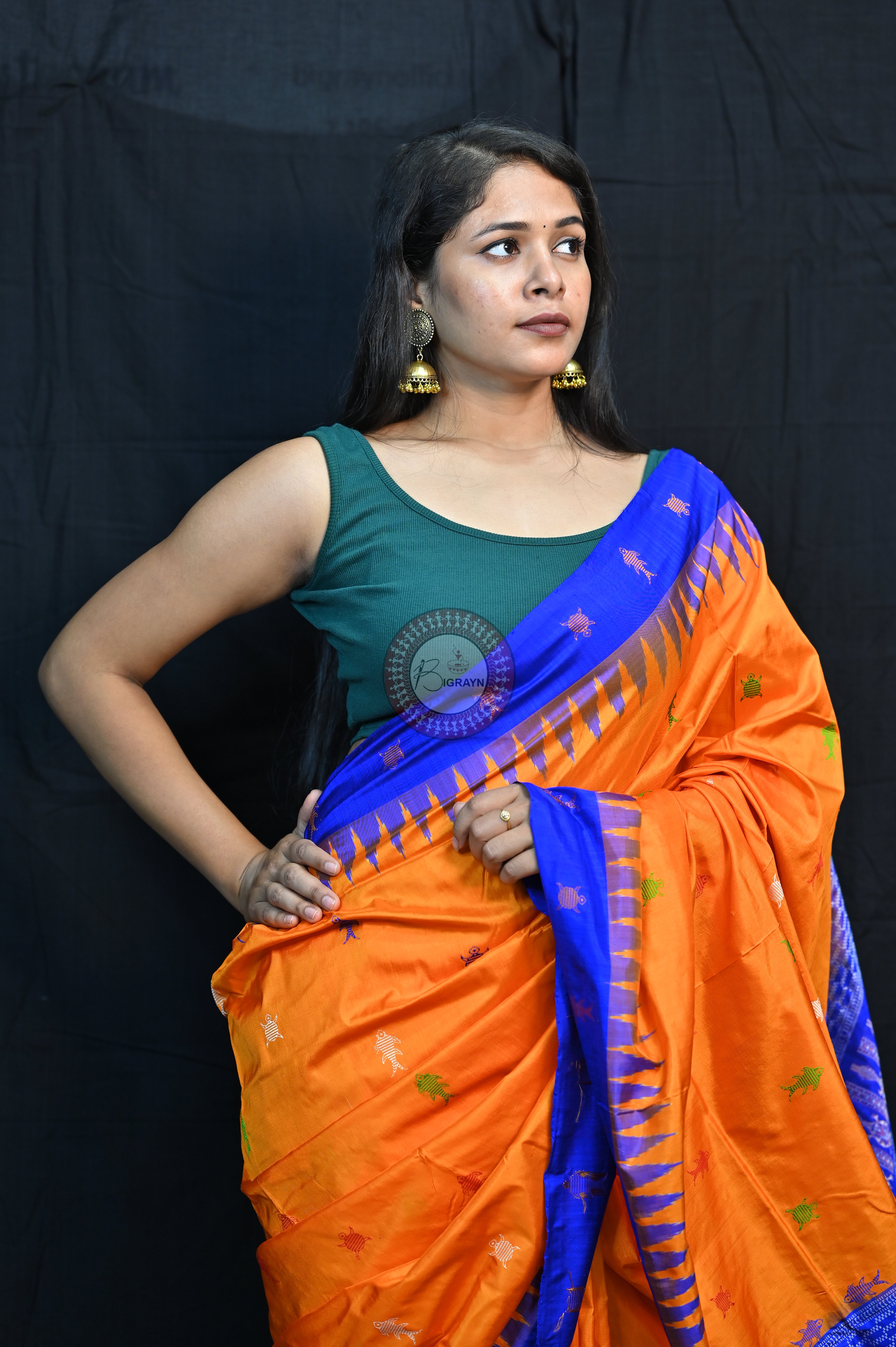 Mastya kachhap Orange Blue Bomkai Silk Saree