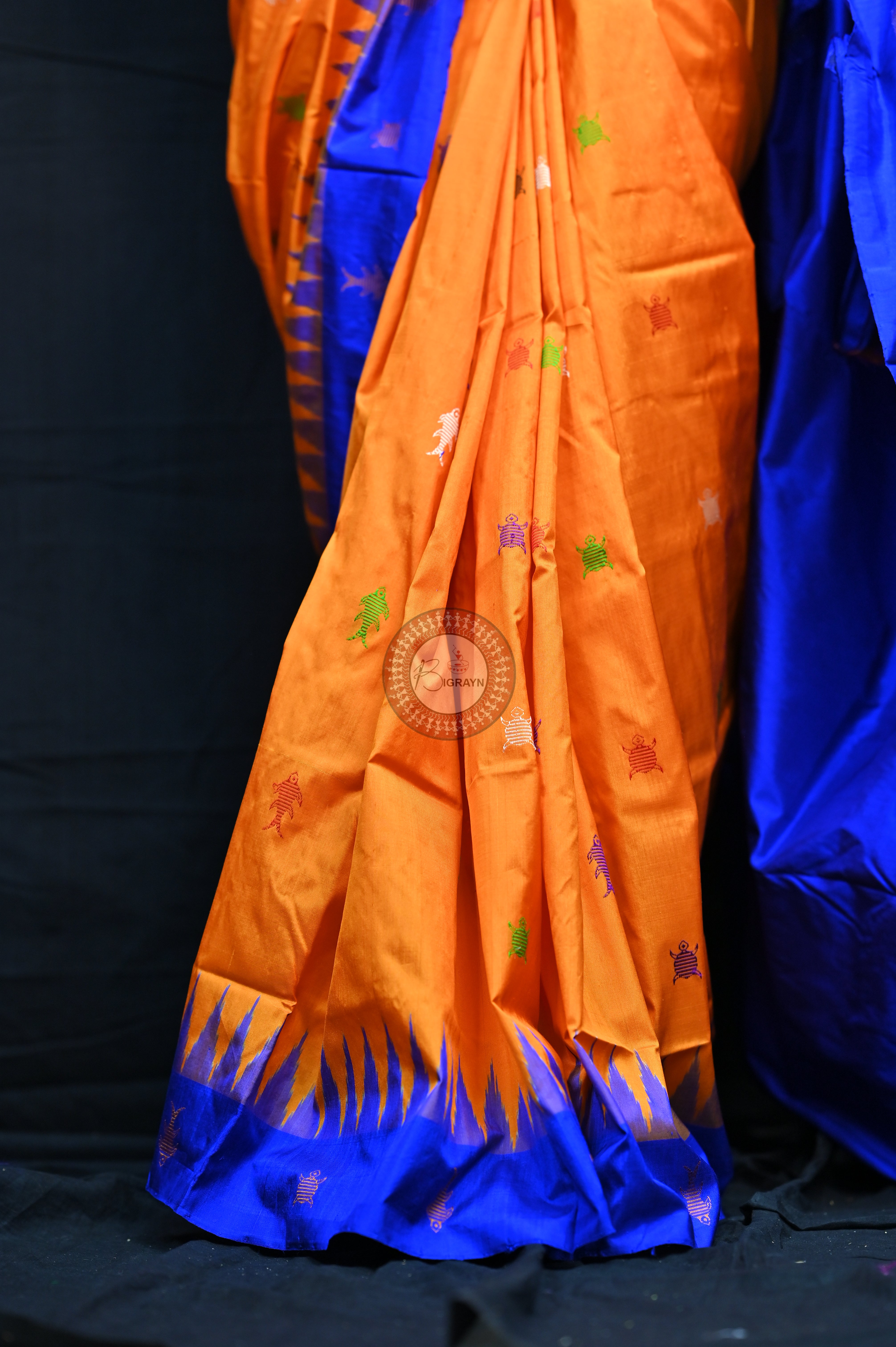 Mastya kachhap Orange Blue Bomkai Silk Saree