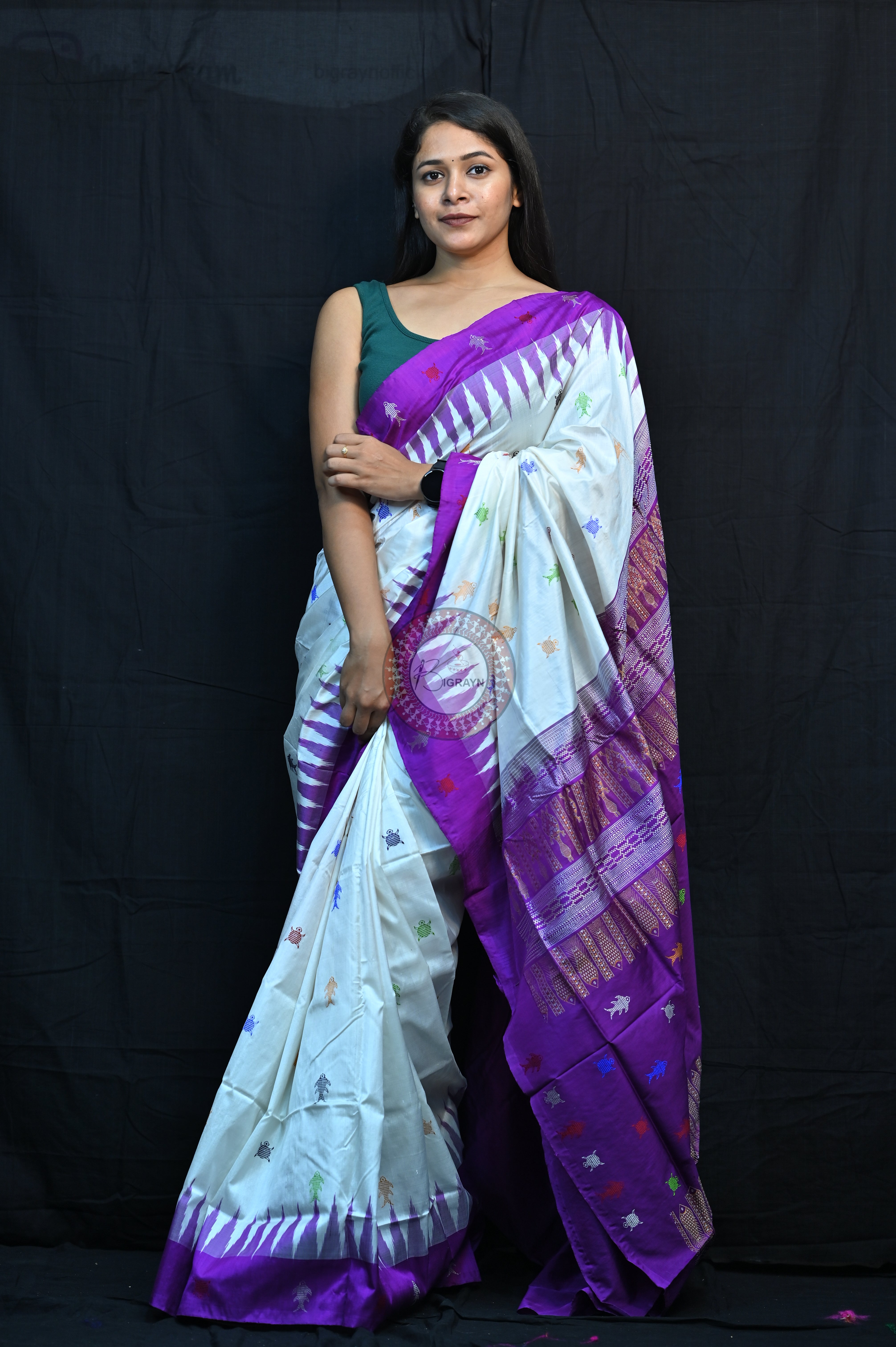 Mastya Kachhap White Violet Bomkai Silk Saree