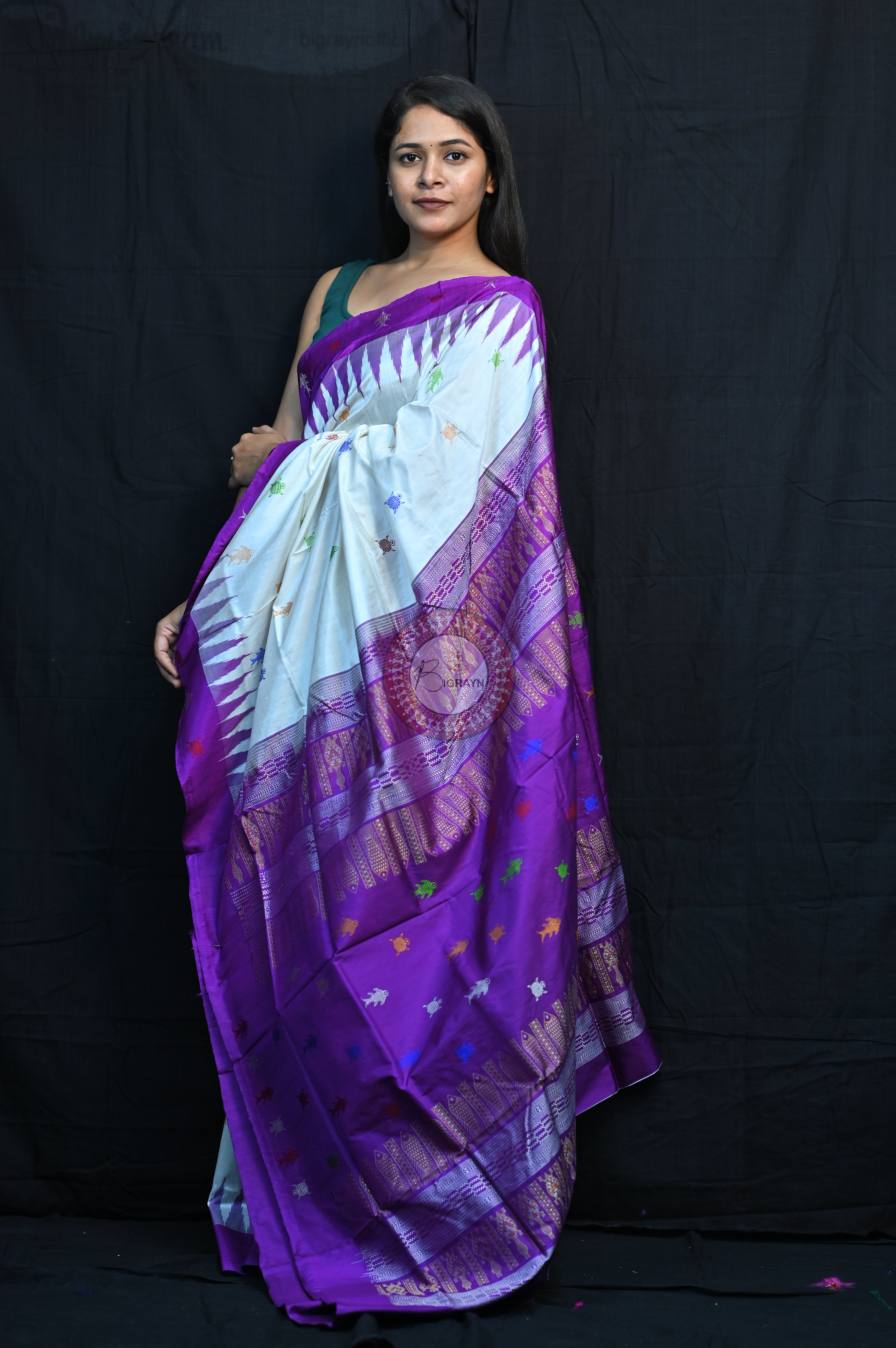 Mastya Kachhap White Violet Bomkai Silk Saree