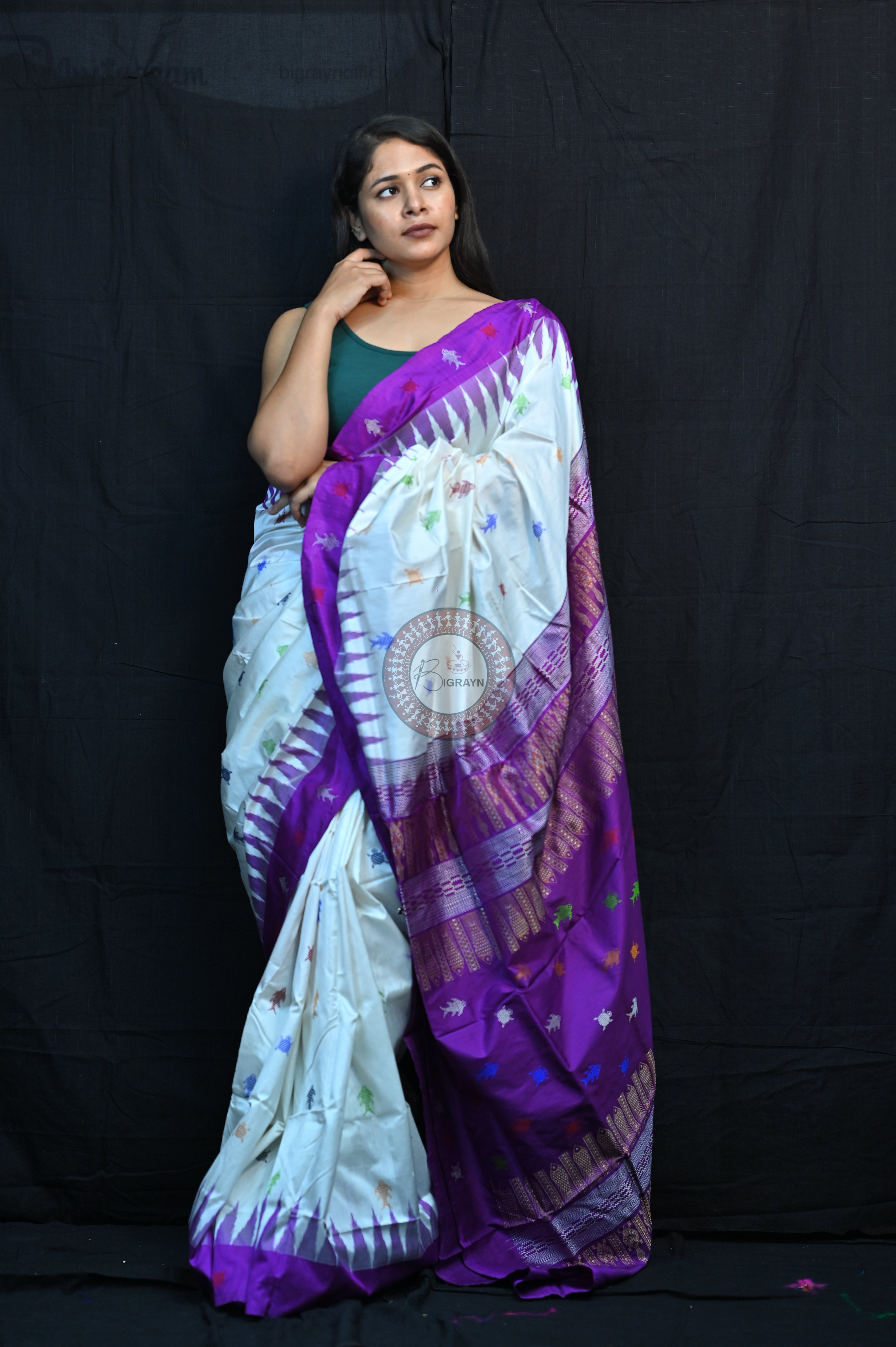 Mastya Kachhap White Violet Bomkai Silk Saree