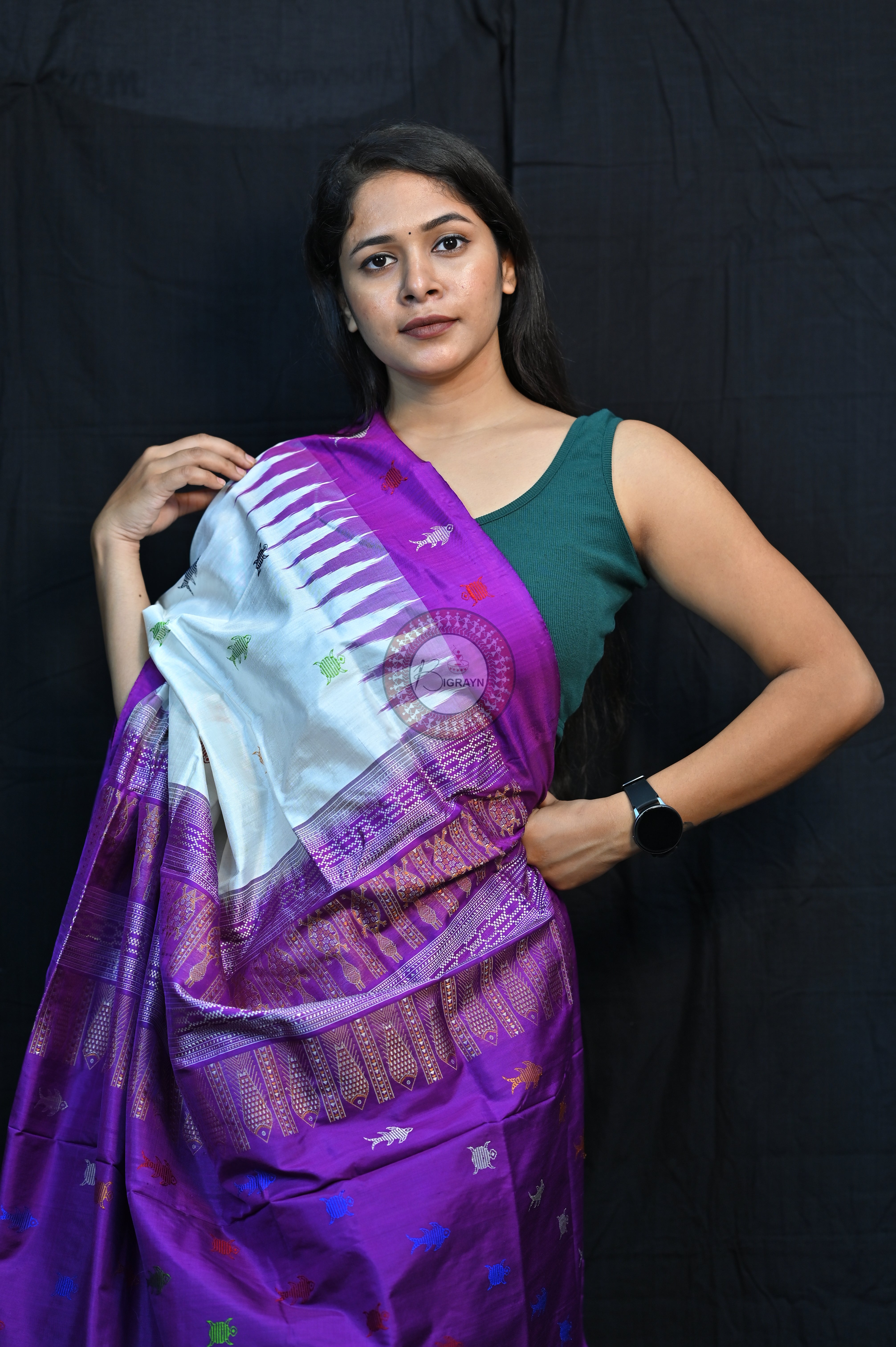 Mastya Kachhap White Violet Bomkai Silk Saree