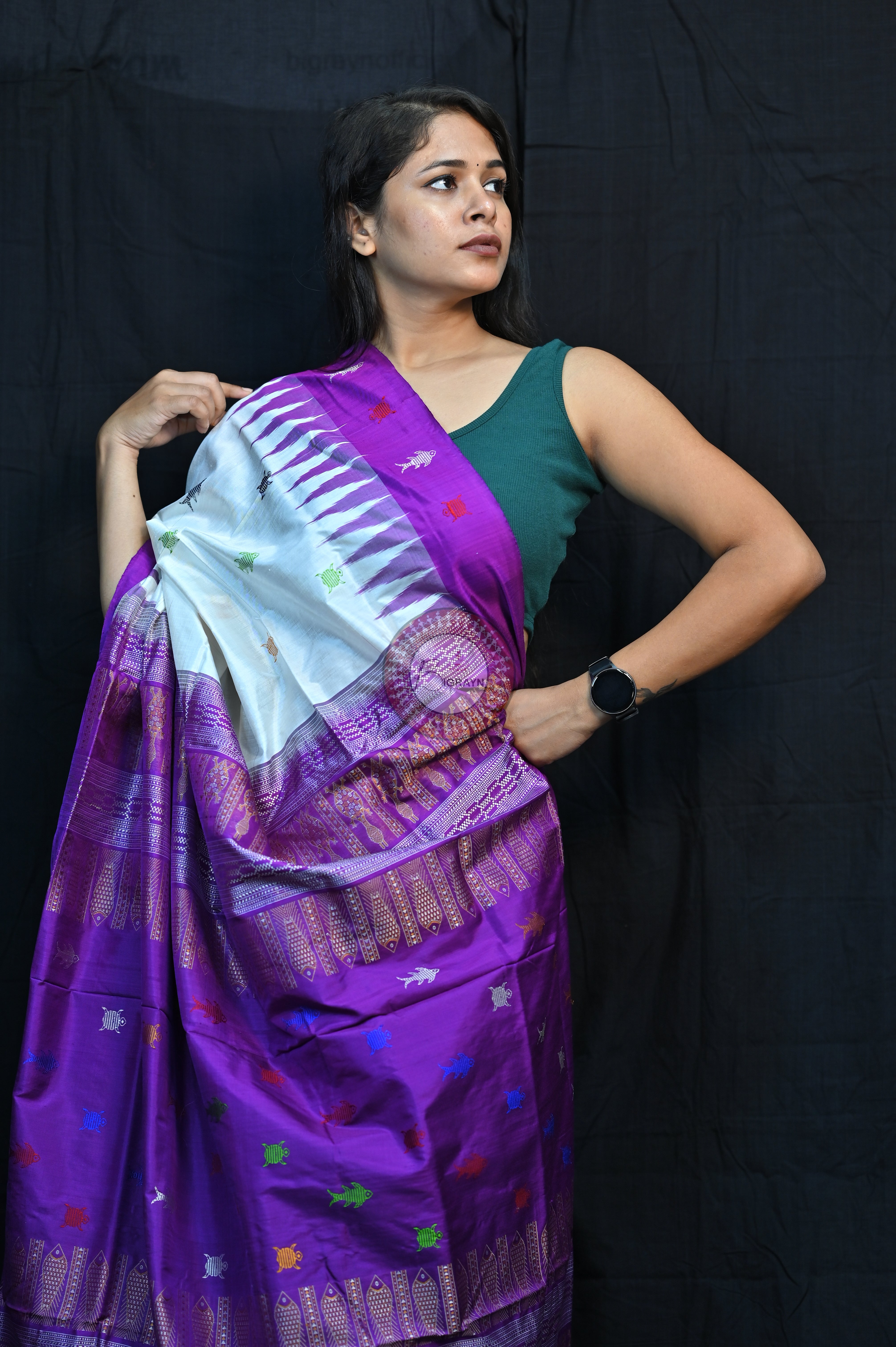 Mastya Kachhap White Violet Bomkai Silk Saree