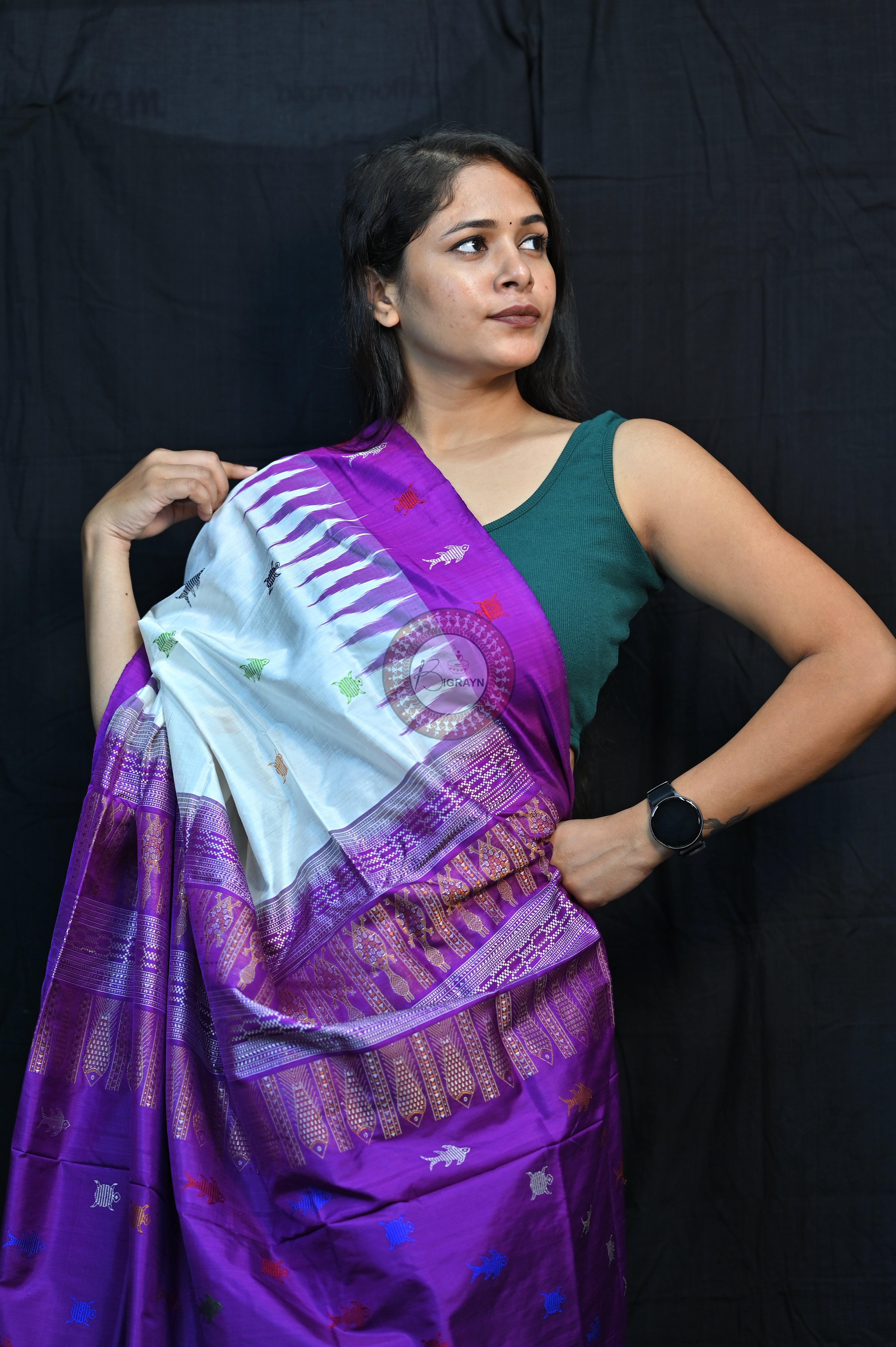 Mastya Kachhap White Violet Bomkai Silk Saree