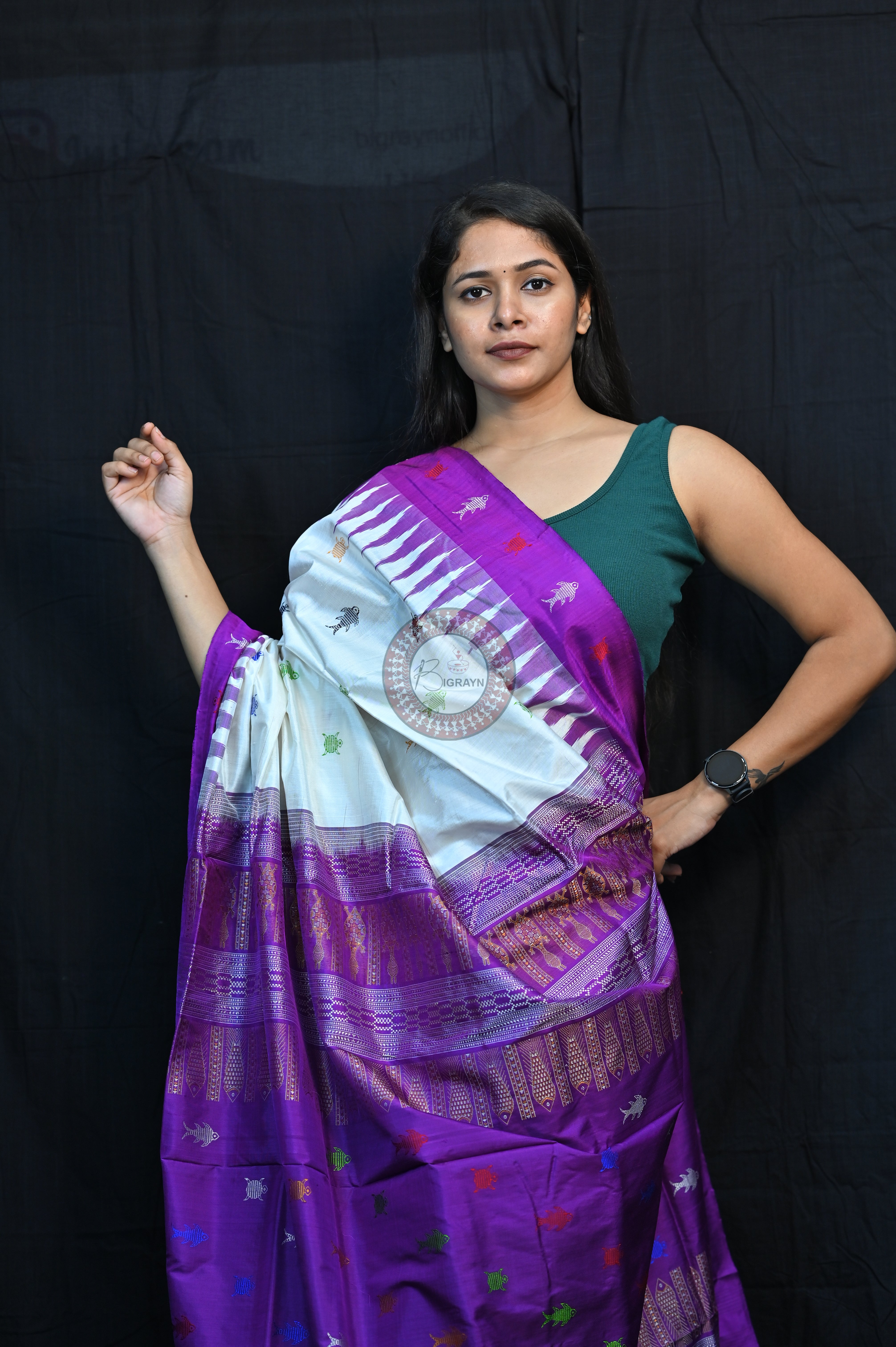 Mastya Kachhap White Violet Bomkai Silk Saree