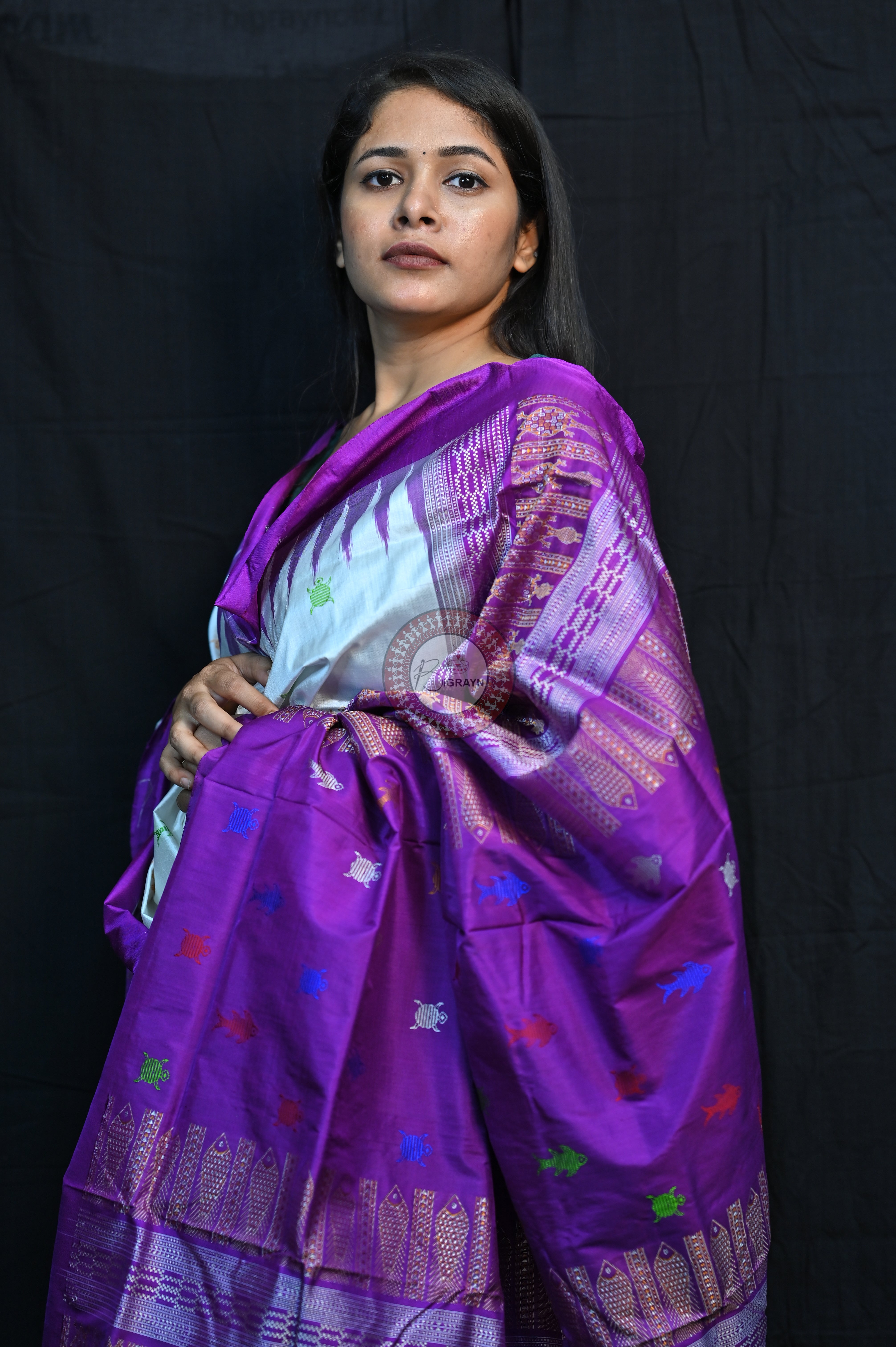 Mastya Kachhap White Violet Bomkai Silk Saree