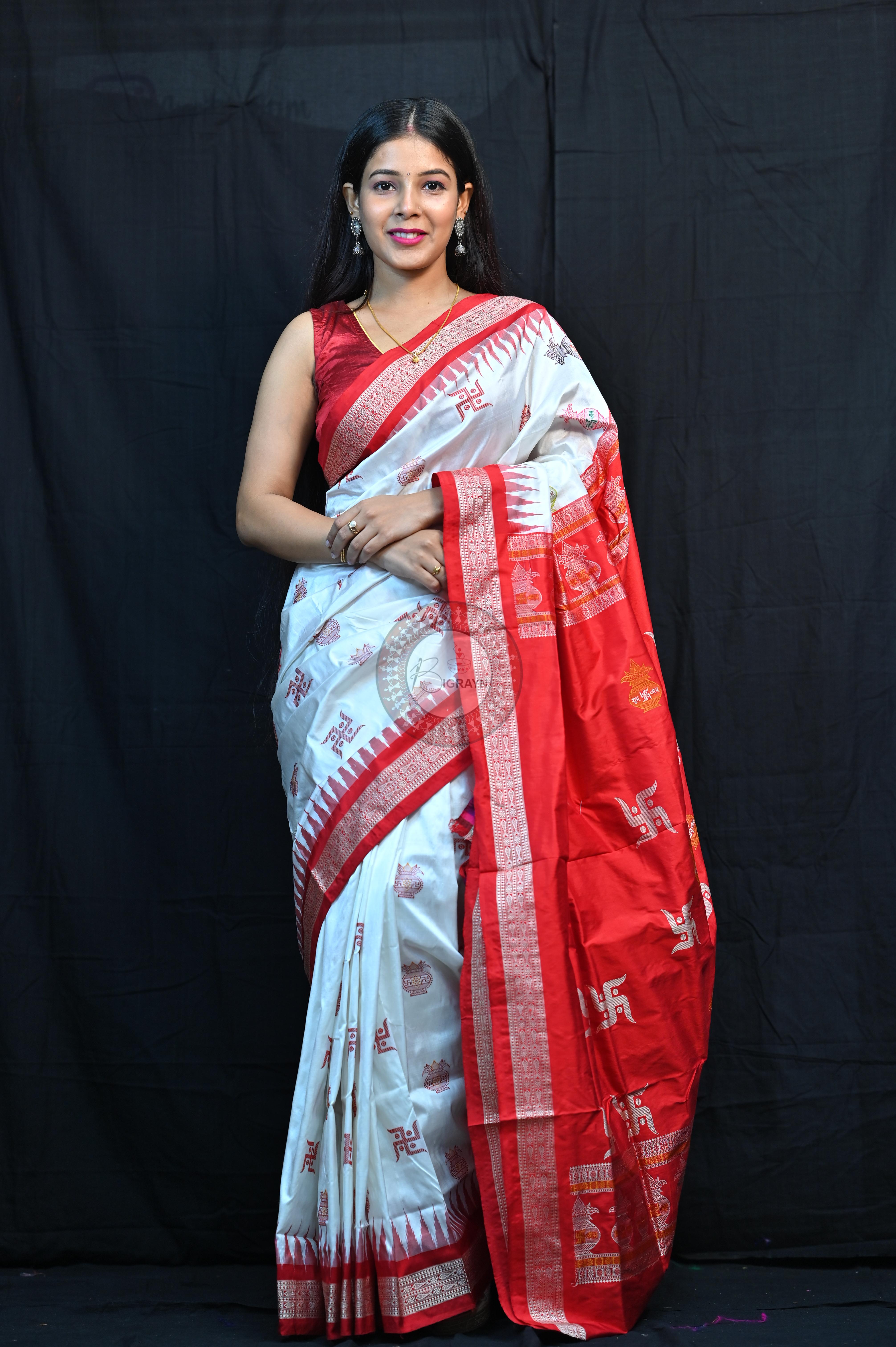 White Red Swastik Kalashi Bomkai Silk Saree