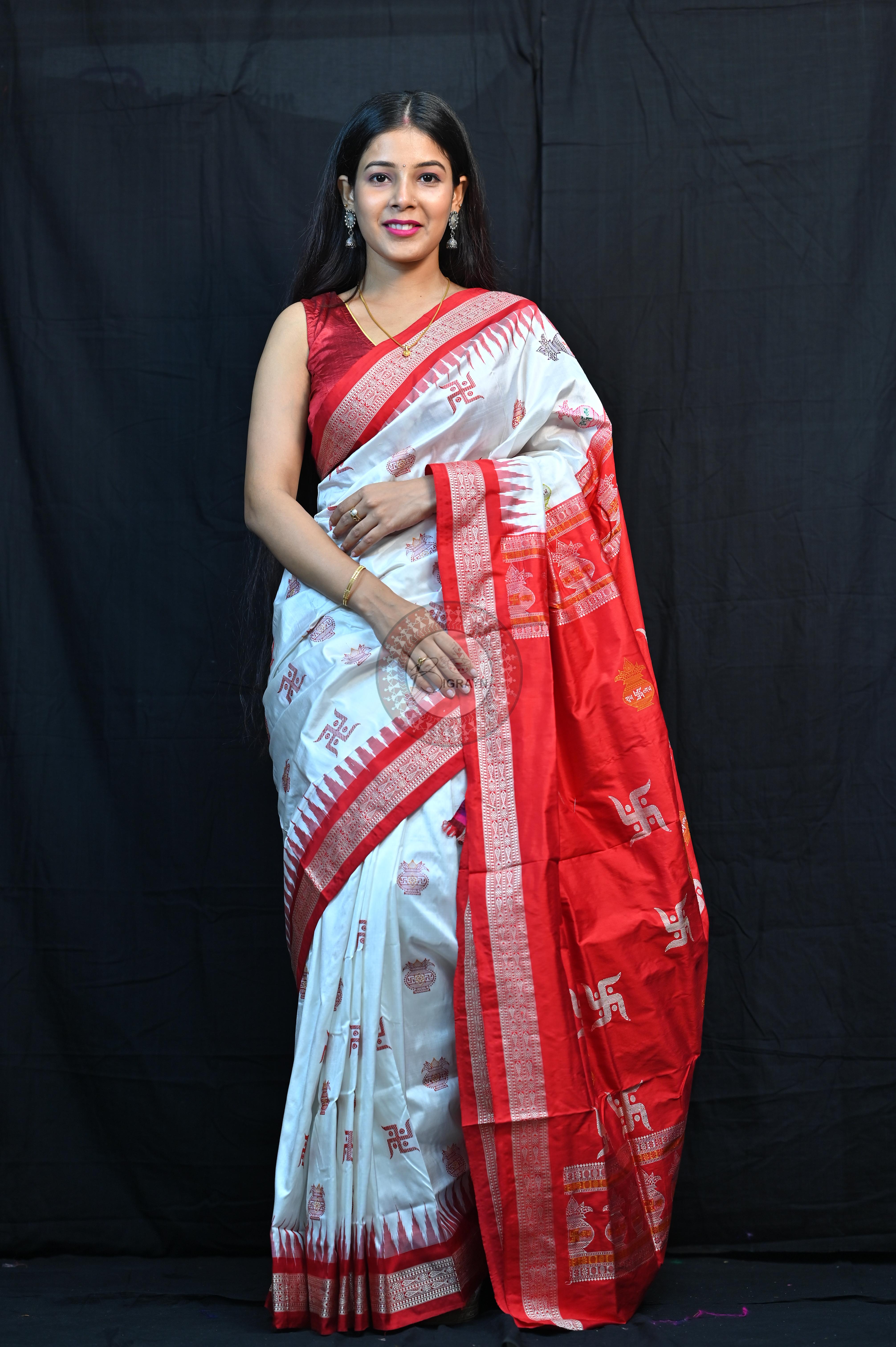 White Red Swastik Kalashi Bomkai Silk Saree