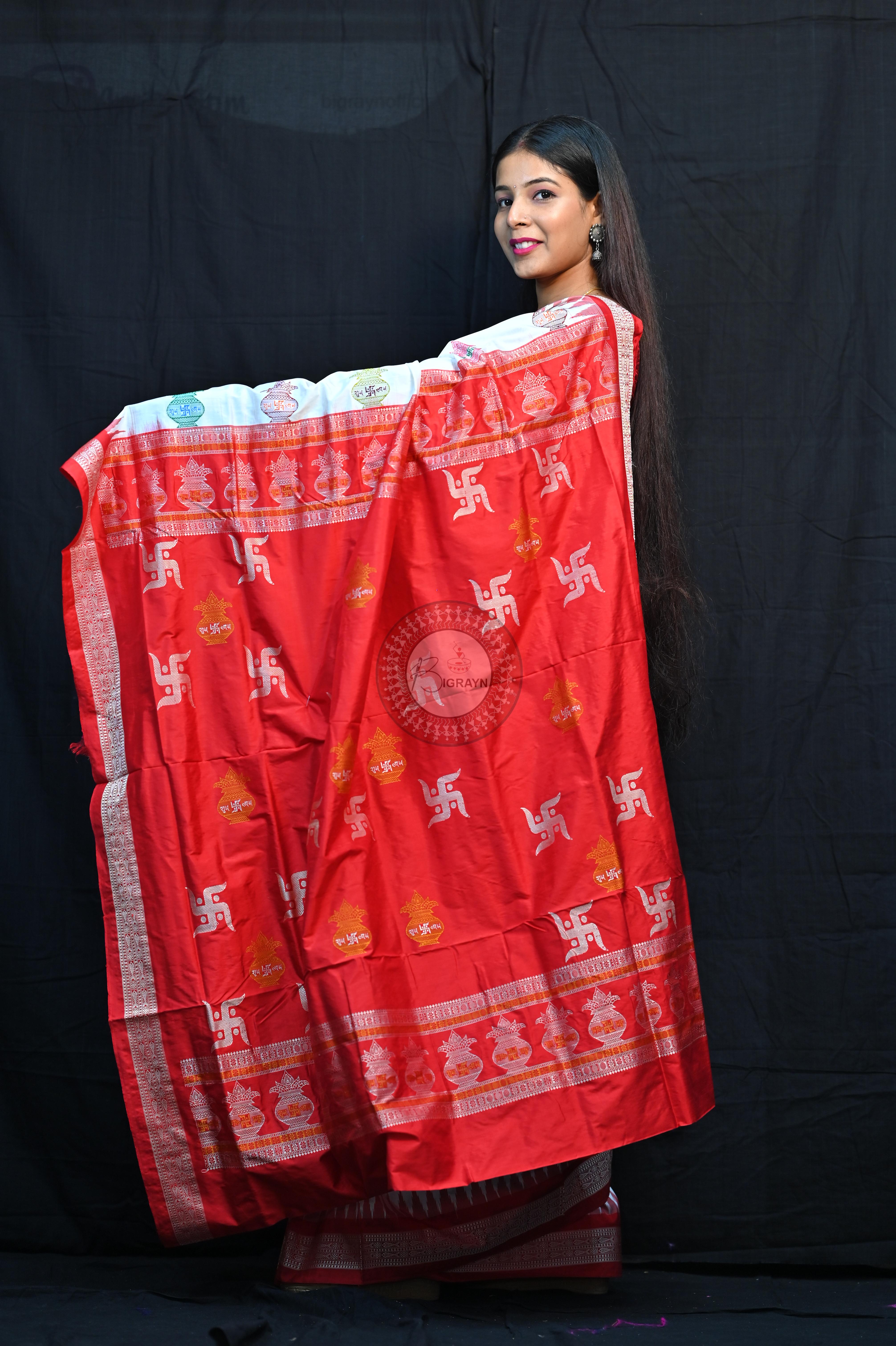 White Red Swastik Kalashi Bomkai Silk Saree