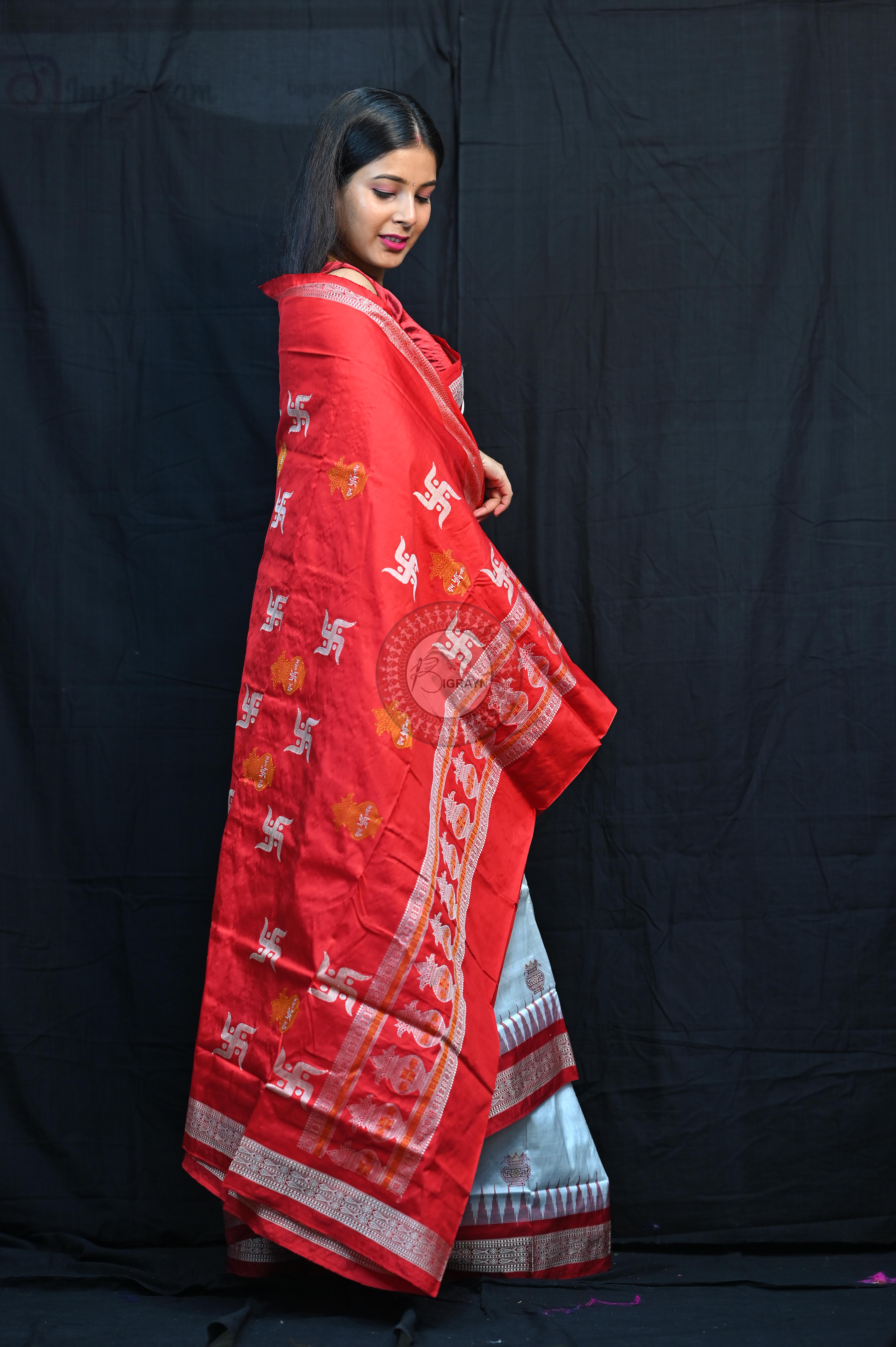White Red Swastik Kalashi Bomkai Silk Saree