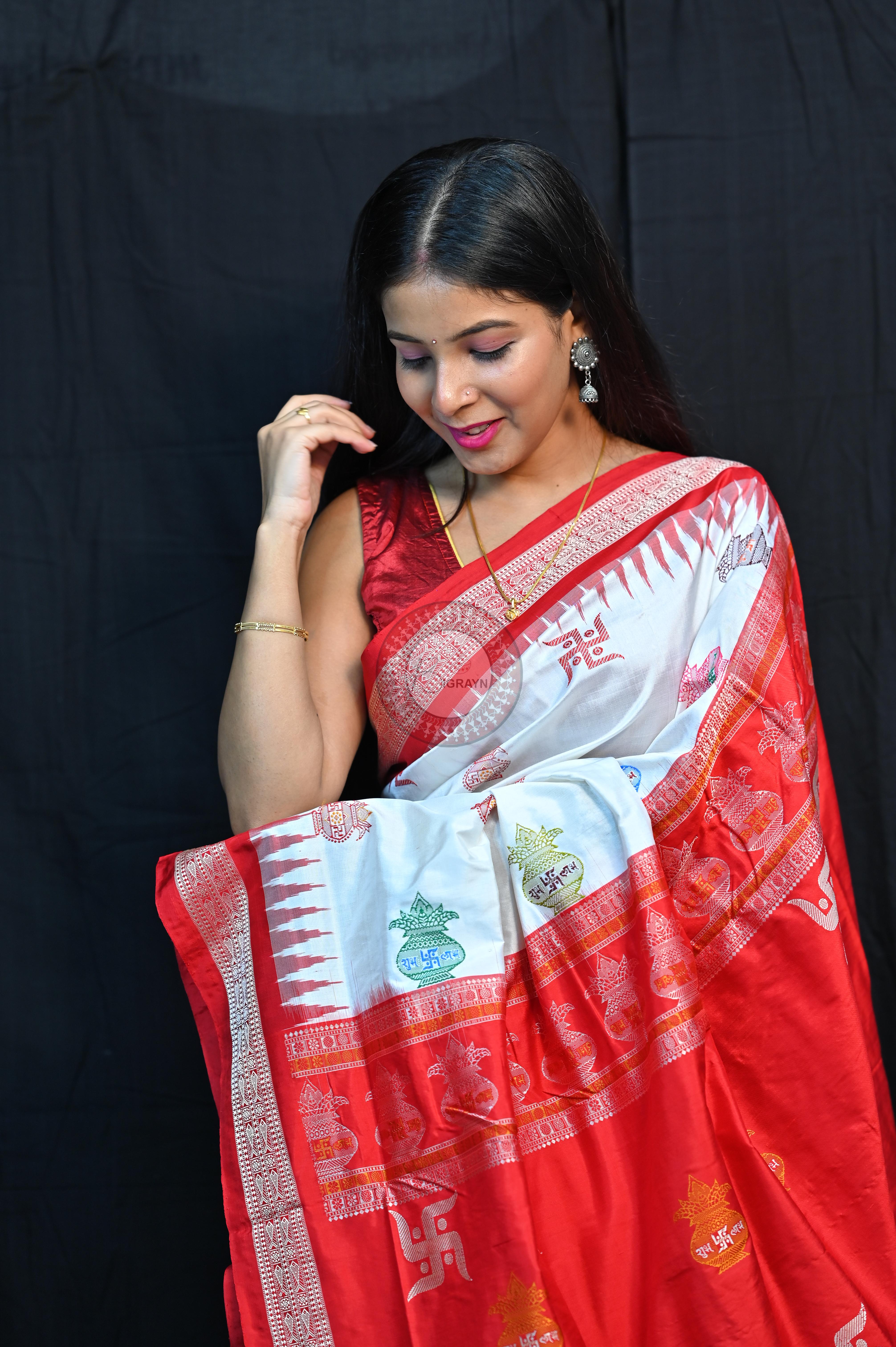 White Red Swastik Kalashi Bomkai Silk Saree