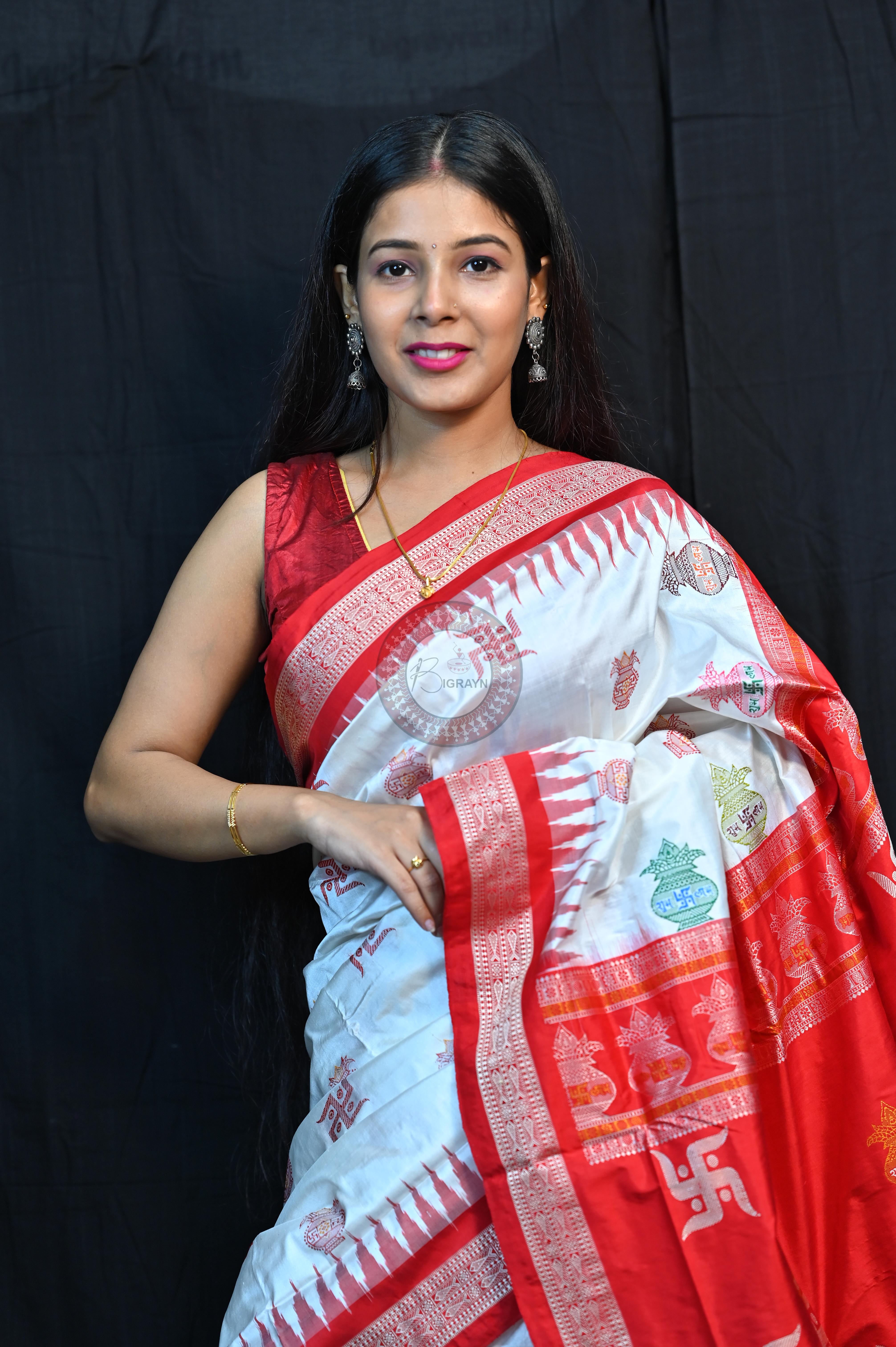 White Red Swastik Kalashi Bomkai Silk Saree