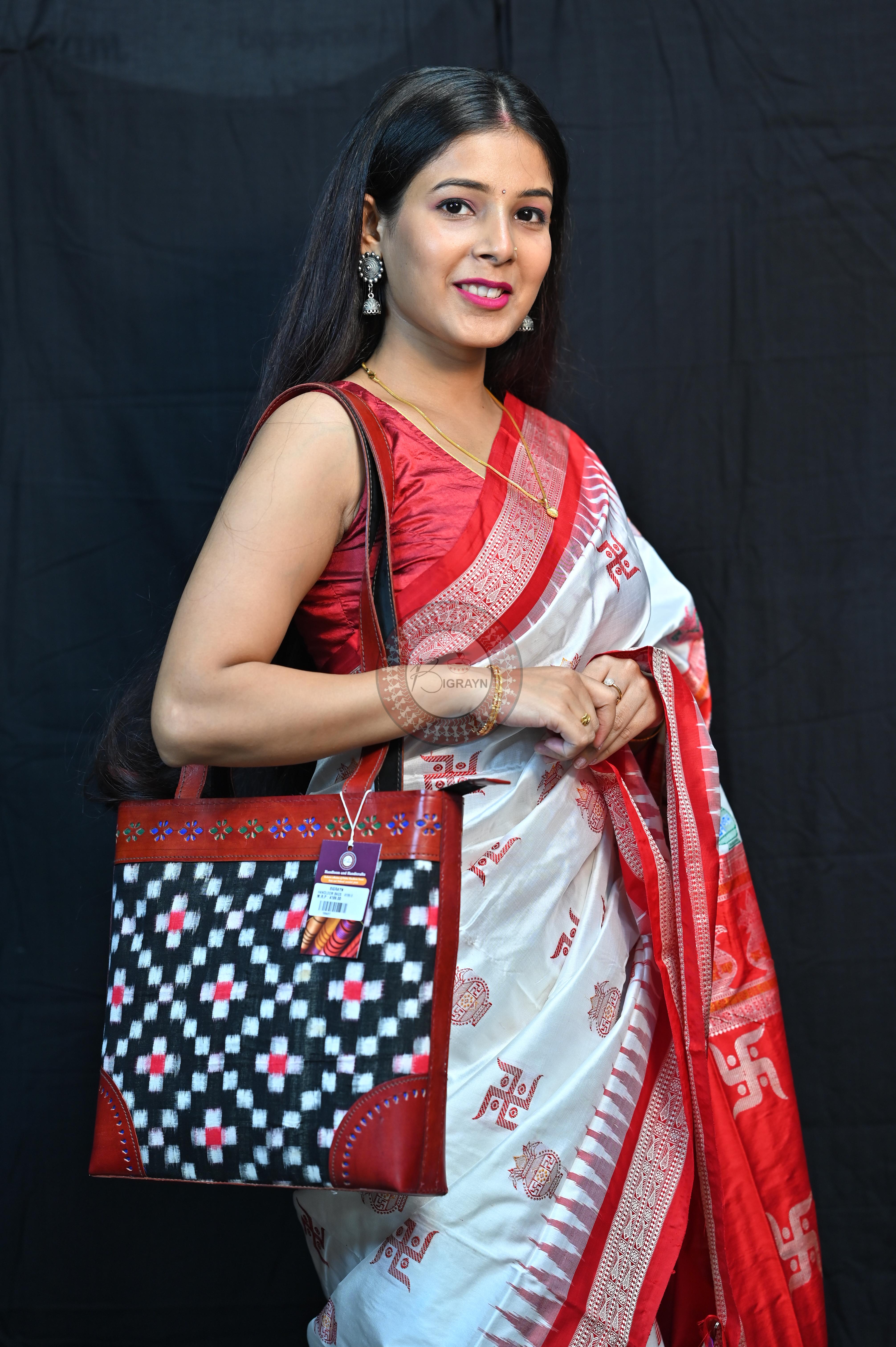 White Red Swastik Kalashi Bomkai Silk Saree