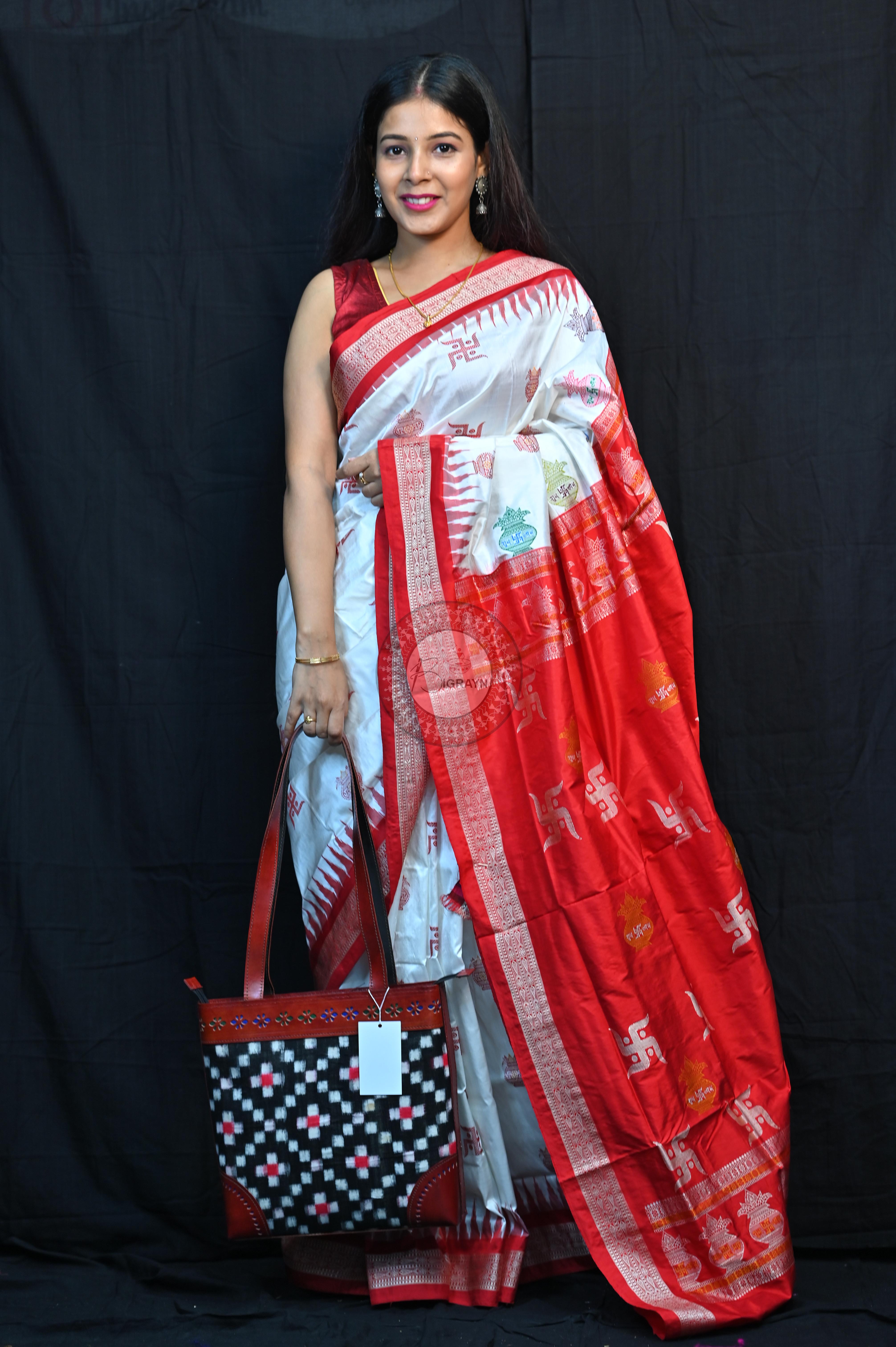 White Red Swastik Kalashi Bomkai Silk Saree