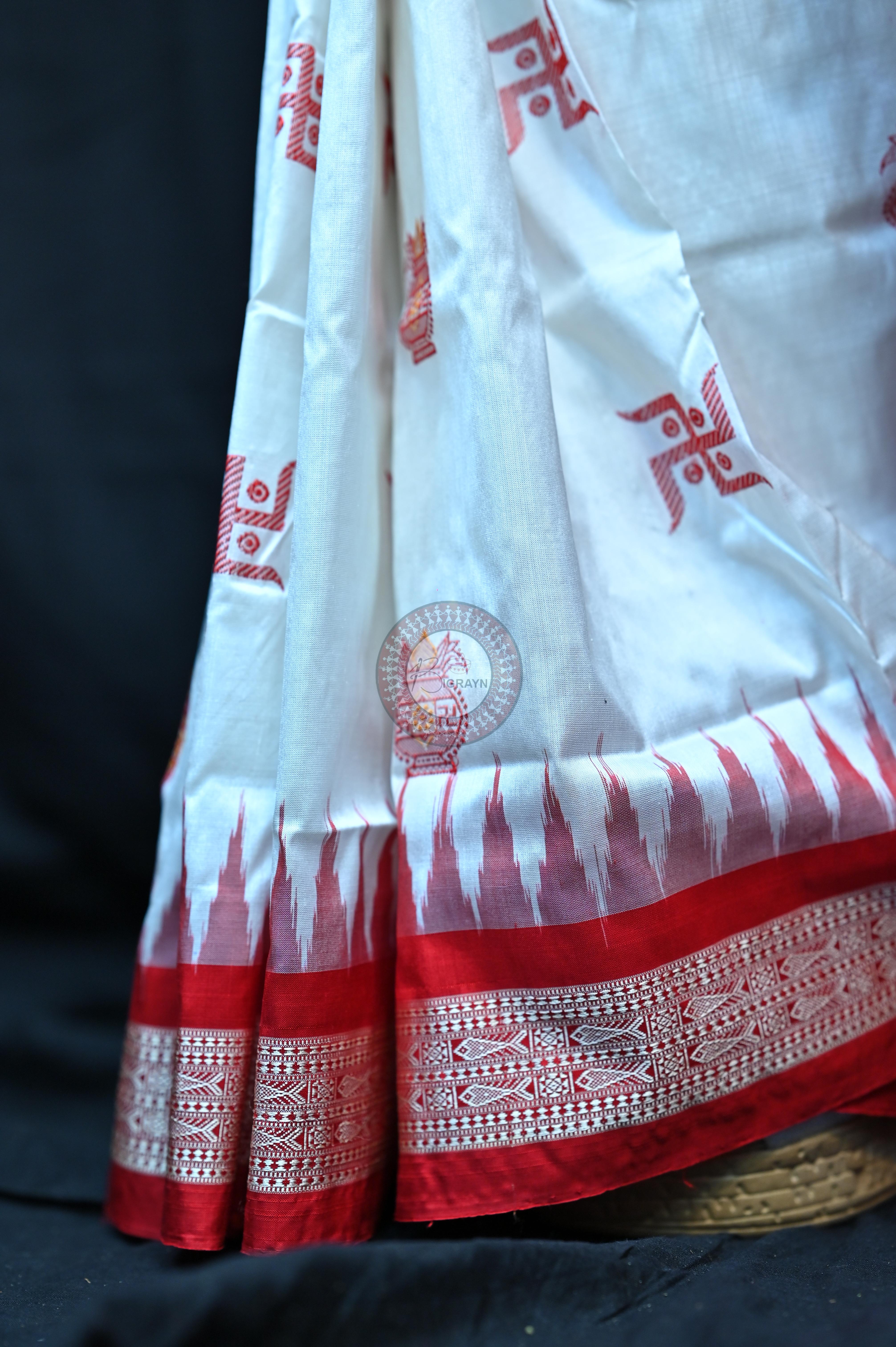 White Red Swastik Kalashi Bomkai Silk Saree
