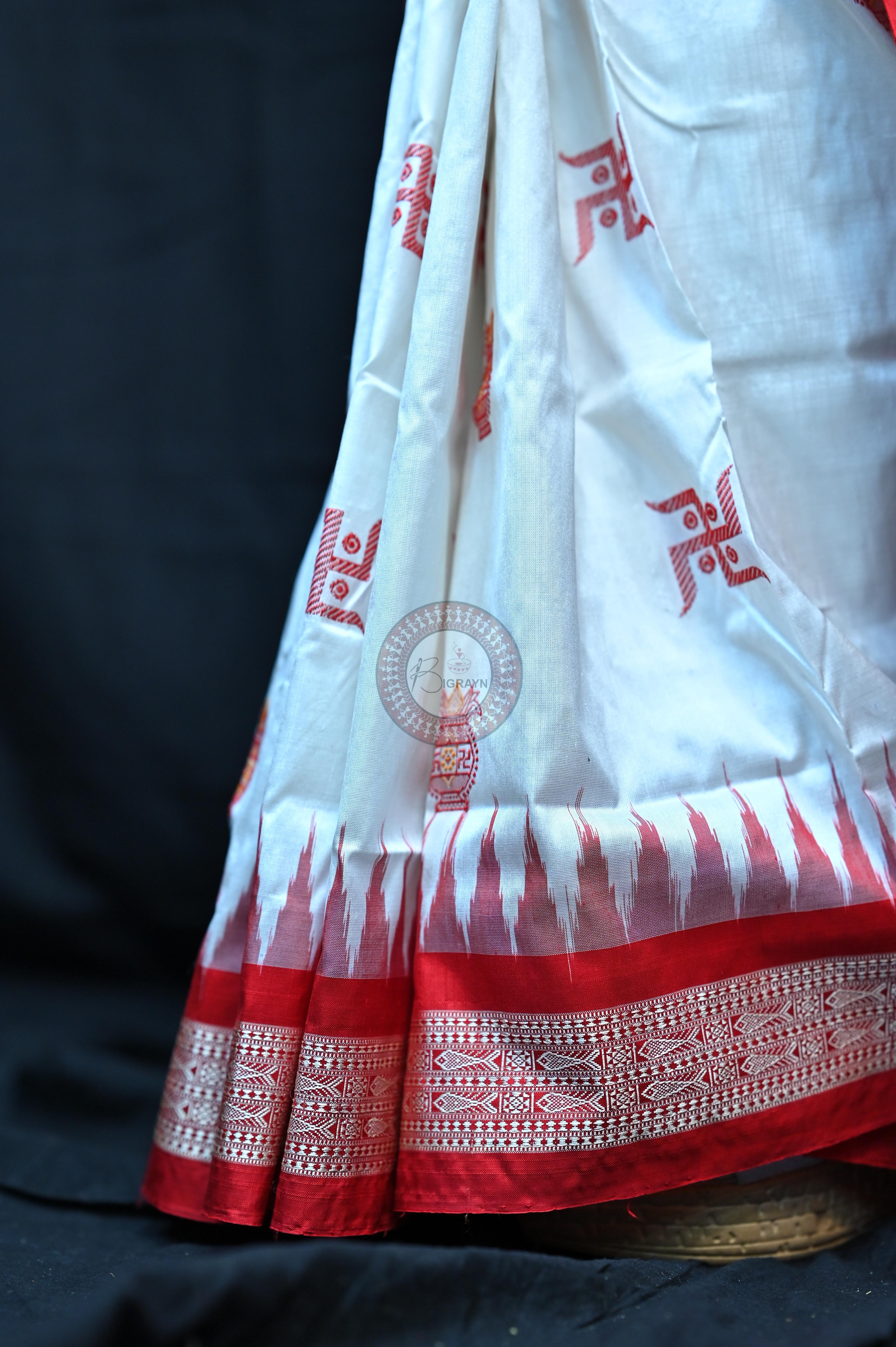 White Red Swastik Kalashi Bomkai Silk Saree