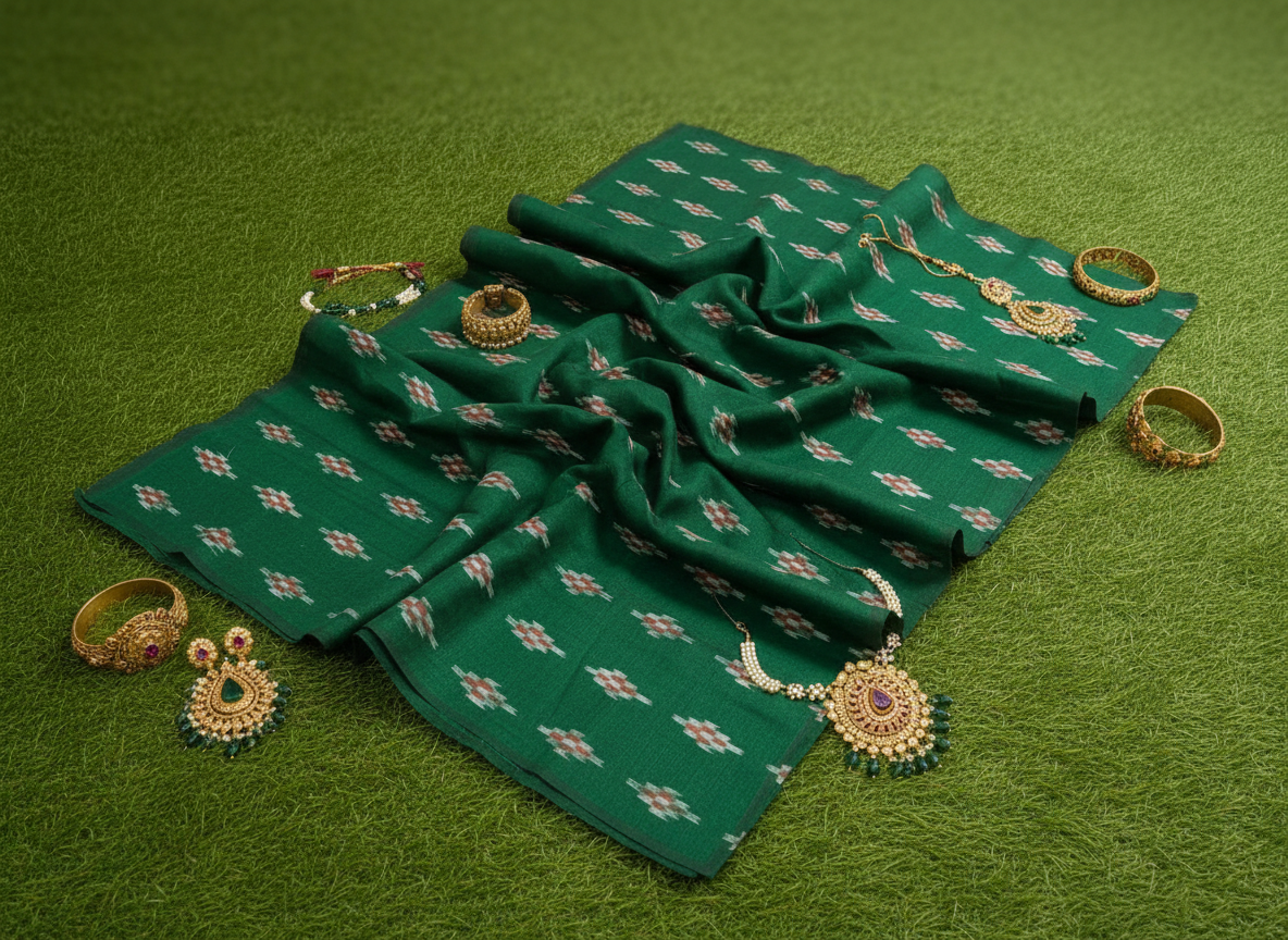 Green Pasapali Flower Design Nuapatna Fabrics
