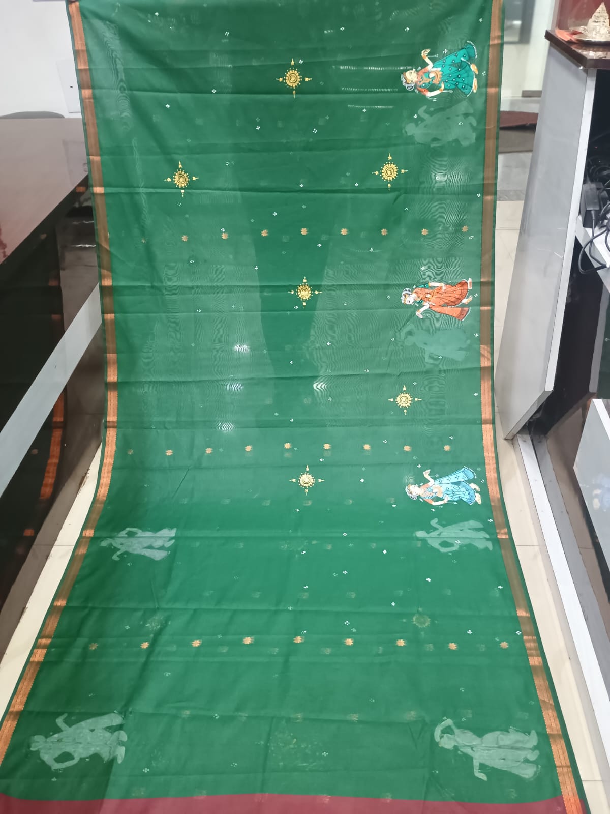 Green Maroon Dancer Theme Hand-painted Pattachitra South Cotton Saree