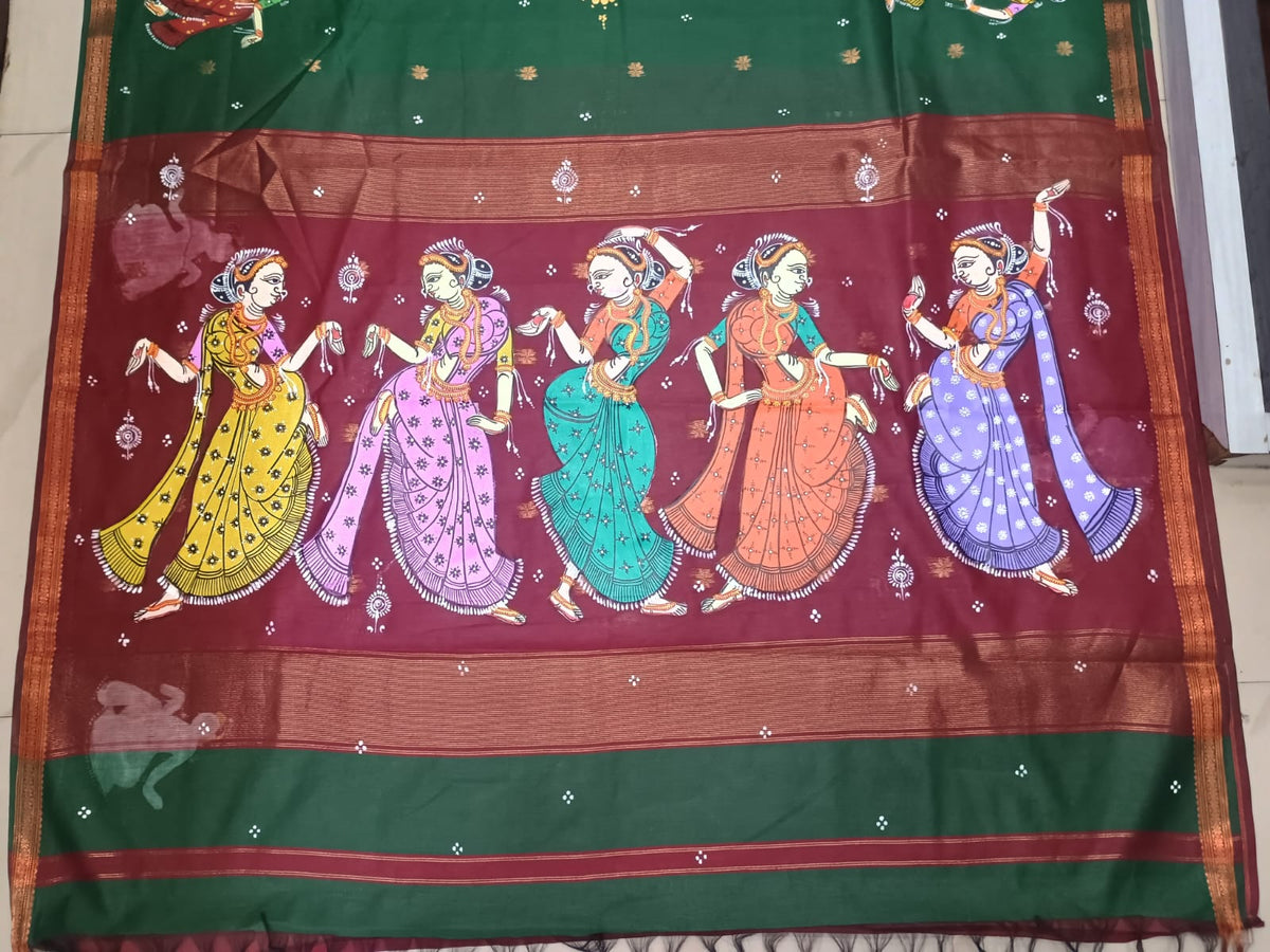 Green Maroon Dancer Theme Hand-painted Pattachitra South Cotton Saree