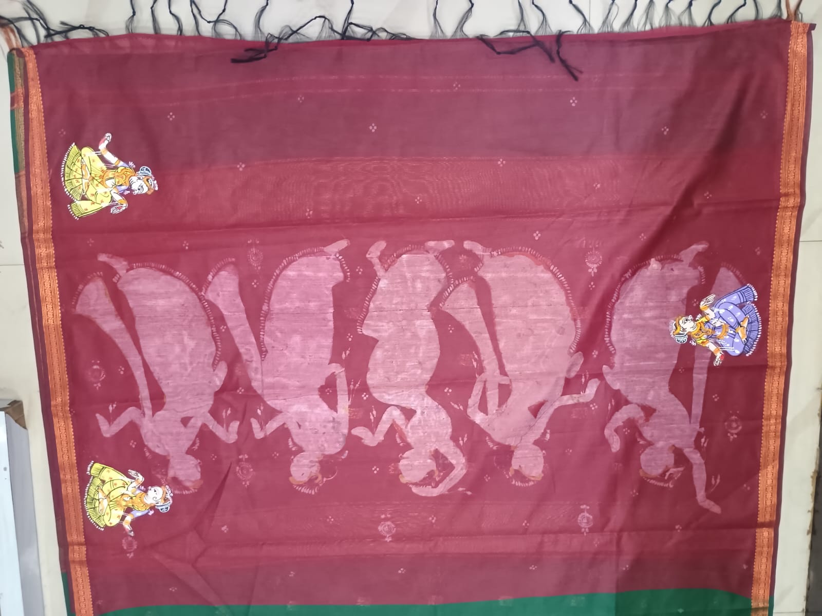 Green Maroon Dancer Theme Hand-painted Pattachitra South Cotton Saree