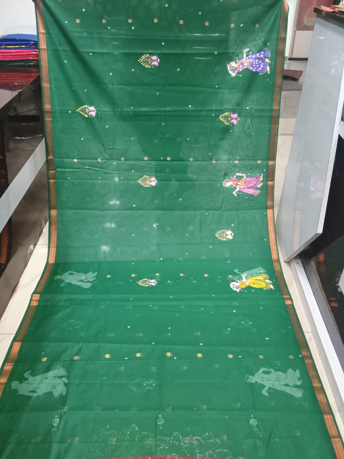 Green & Maroon Hand-Painted Pattachitra Saree – South Cotton Raja Doli Theme