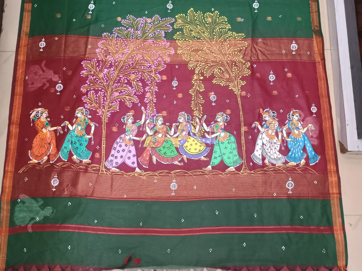Green & Maroon Hand-Painted Pattachitra Saree – South Cotton Raja Doli Theme