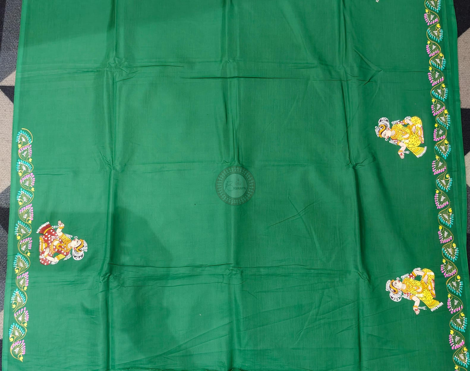 Green Radha Krishna Astana Rasa Theme Pattachitra Khadi Silk Saree