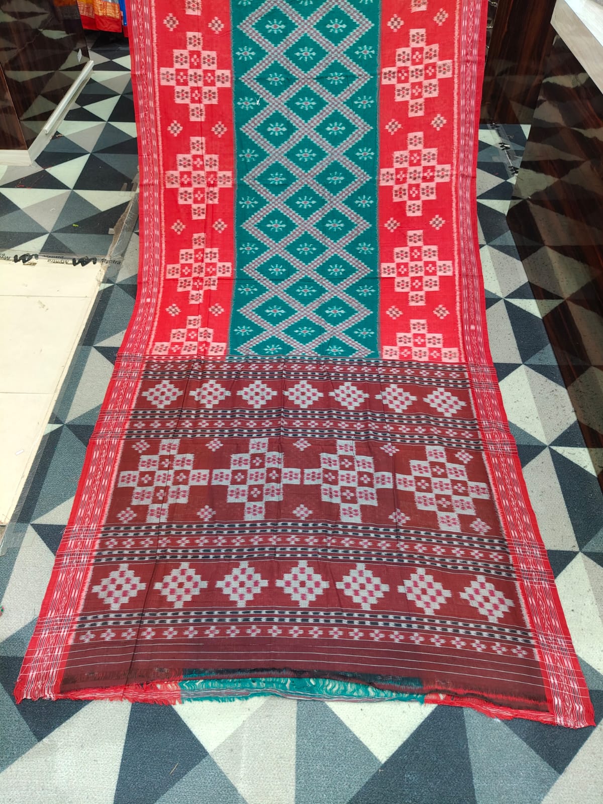 Green Red Tarabali Design Khandua Cotton Saree