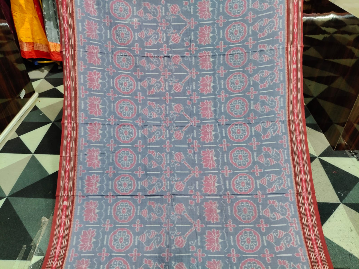 Grey Maroon Traditional Motif Design Khandua Cotton Saree