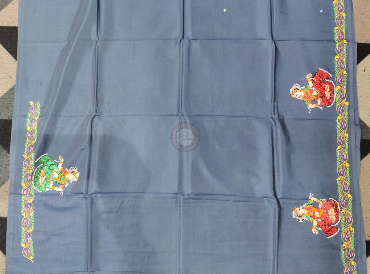Grey Ram Sita Vivah Theme Pattachitra Khadi Silk Saree