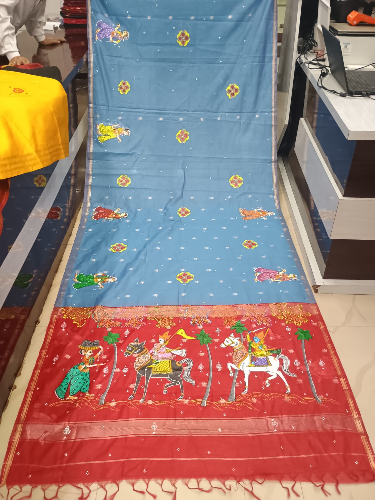 Slate Blue & Red Hand-Painted Pattachitra Saree – South Cotton Kanchi Abhijan Theme
