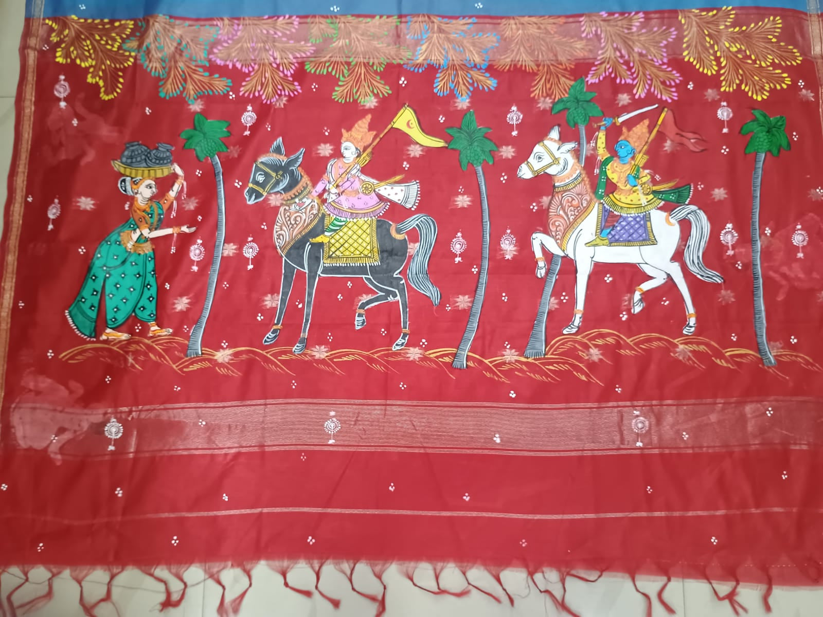 Slate Blue & Red Hand-Painted Pattachitra Saree – South Cotton Kanchi Abhijan Theme