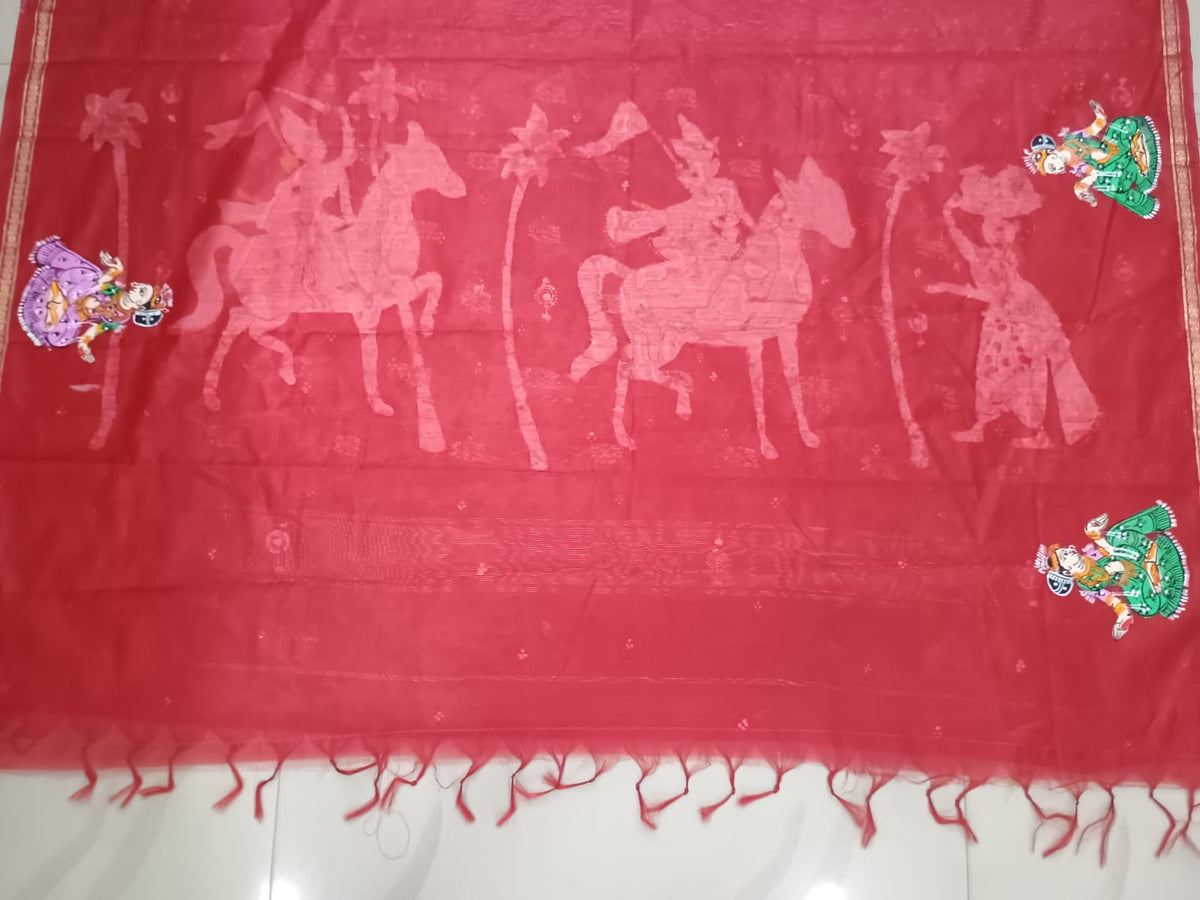 Slate Blue & Red Hand-Painted Pattachitra Saree – South Cotton Kanchi Abhijan Theme
