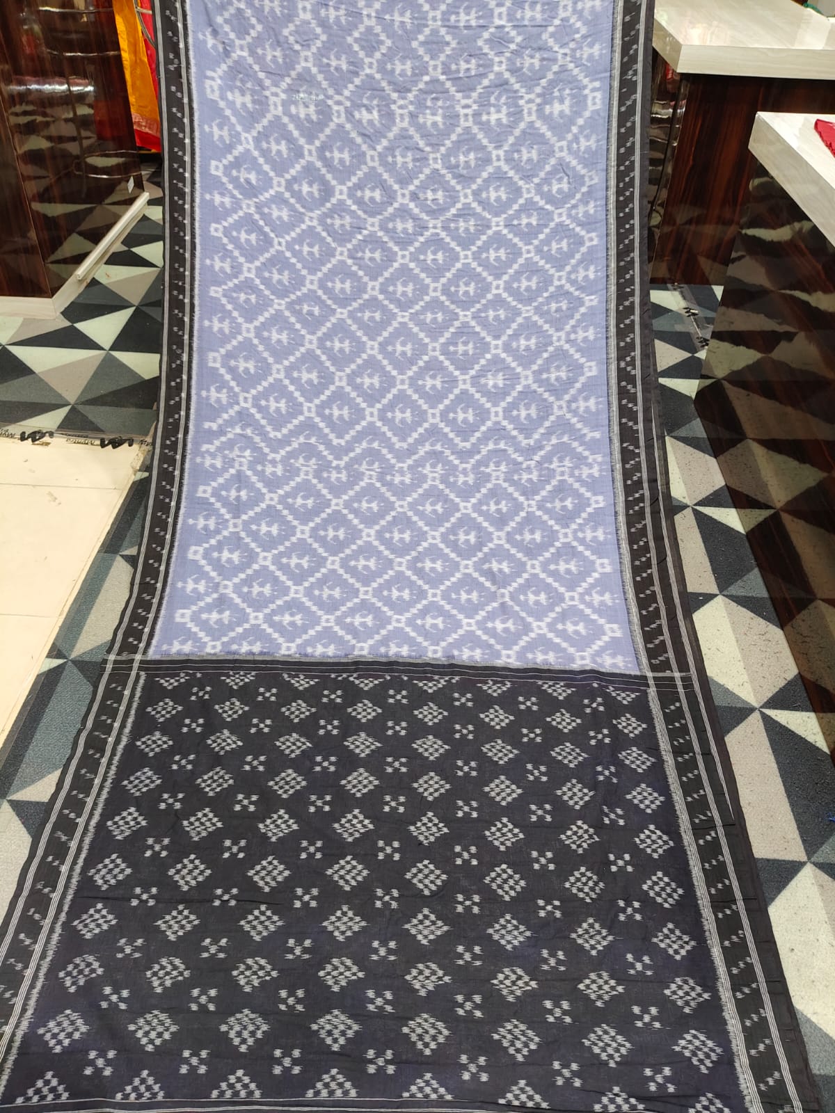 Grey Black Cross Tribal Design Khandua Cotton Saree