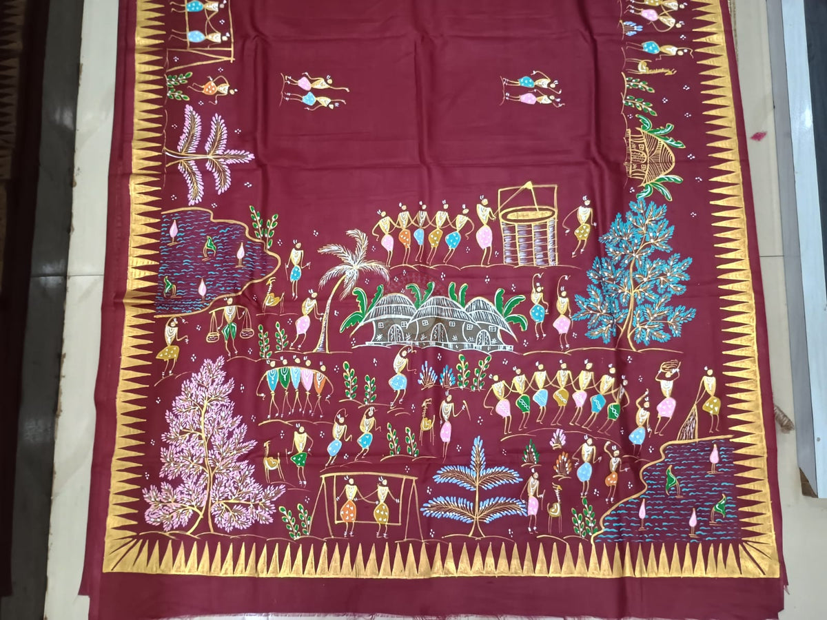Maroon Tribal Family Theme Khadi Silk Hand-Painted Pattachitra Saree | Traditional Odisha Art | Bigrayn Handloom