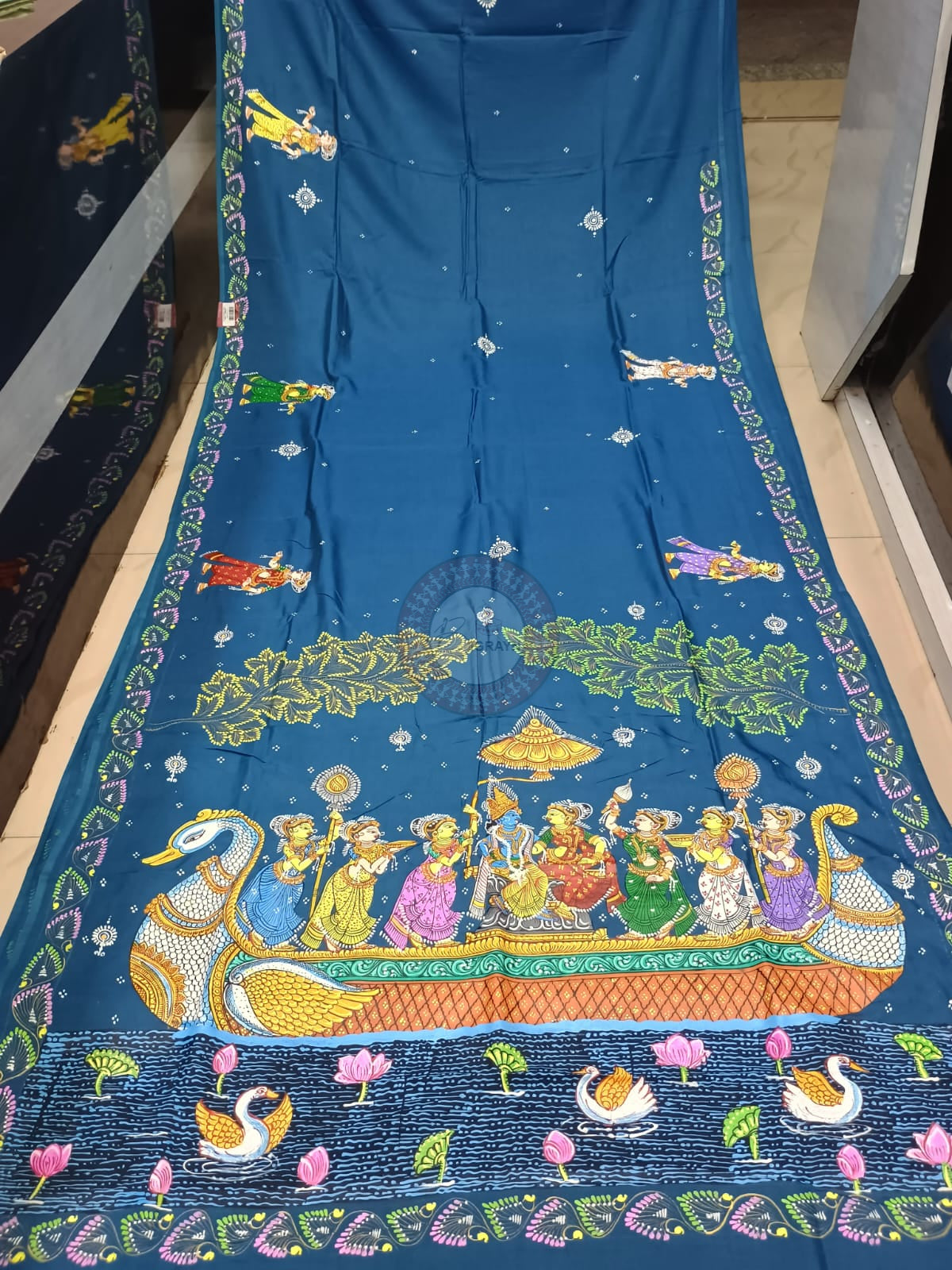 Teal Blue Nabakeli Boita Theme Khadi Silk Hand-Painted Pattachitra Saree | Traditional Odisha Art | Bigrayn Handloom