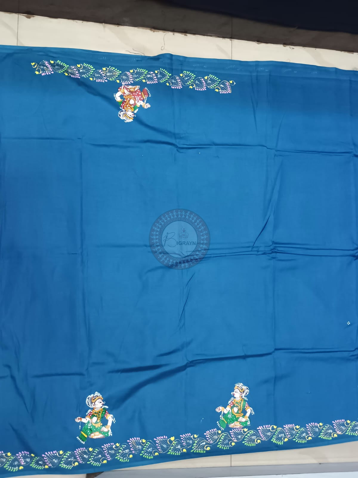 Teal Blue Nabakeli Boita Theme Khadi Silk Hand-Painted Pattachitra Saree | Traditional Odisha Art | Bigrayn Handloom