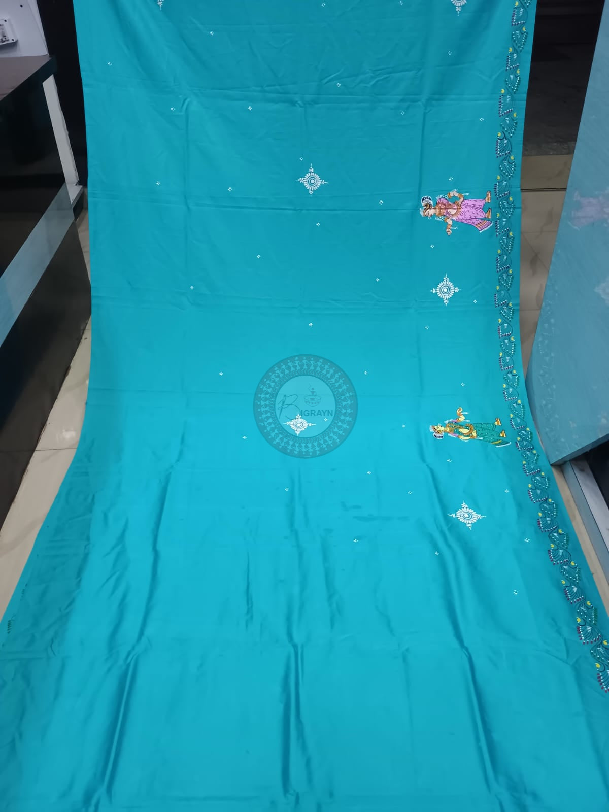 Copper Sulphate Konark Wheel And Dancer Theme Khadi Silk Hand-Painted Pattachitra Saree | Traditional Odisha Art | Bigrayn Handloom
