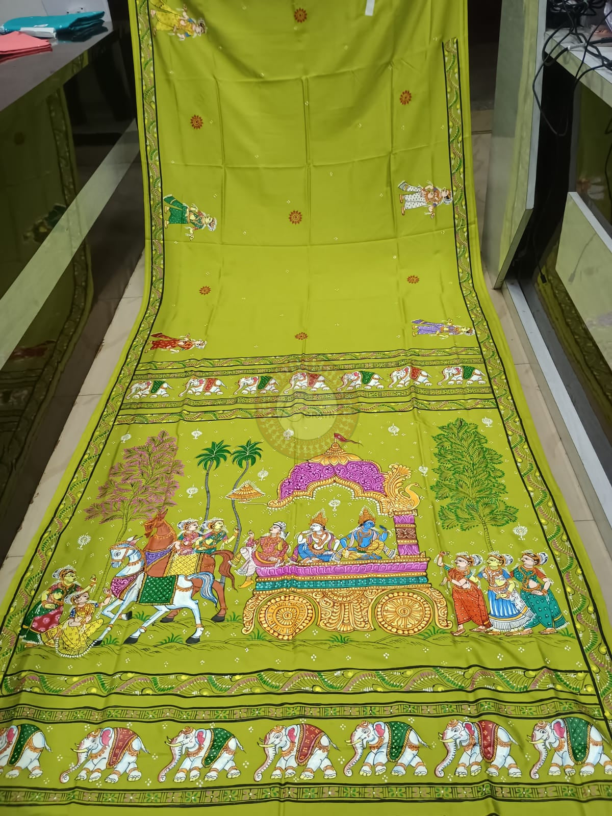 Neon Green Mathura Vijay Theme Khadi Silk Hand-Painted Pattachitra Saree | Traditional Odisha Art | Bigrayn Handloom