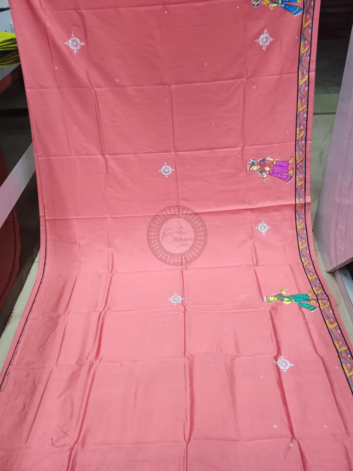 Peach Dancer And Musical Instrument Theme Khadi Silk Hand-Painted Pattachitra Saree | Traditional Odisha Art | Bigrayn Handloom