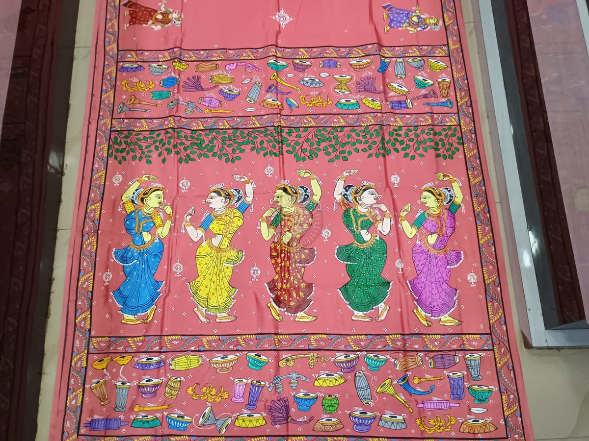 Peach Dancer And Musical Instrument Theme Khadi Silk Hand-Painted Pattachitra Saree | Traditional Odisha Art | Bigrayn Handloom
