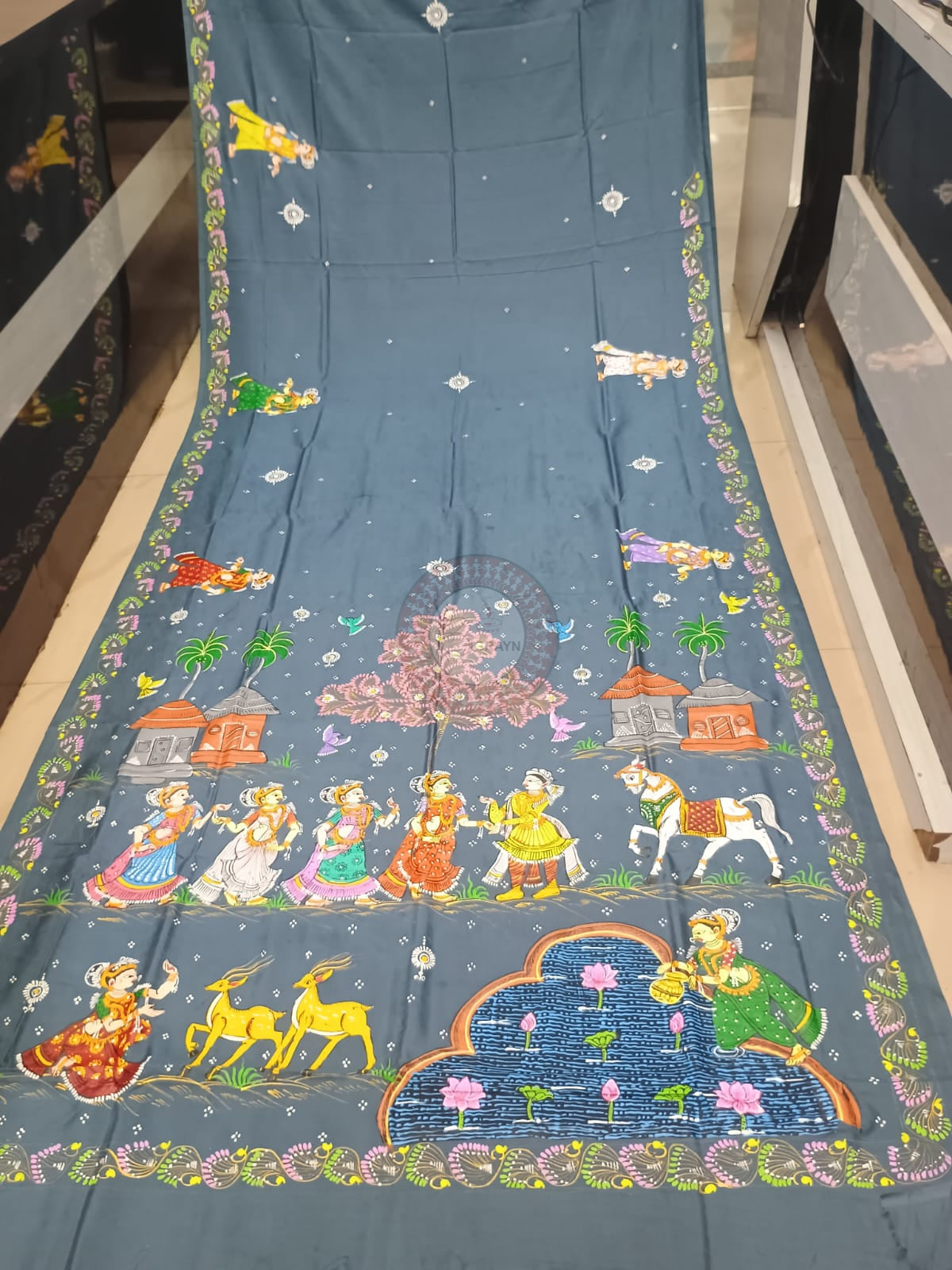 Grey Village Theme Khadi Silk Hand-Painted Pattachitra Saree | Traditional Odisha Art | Bigrayn Handloom