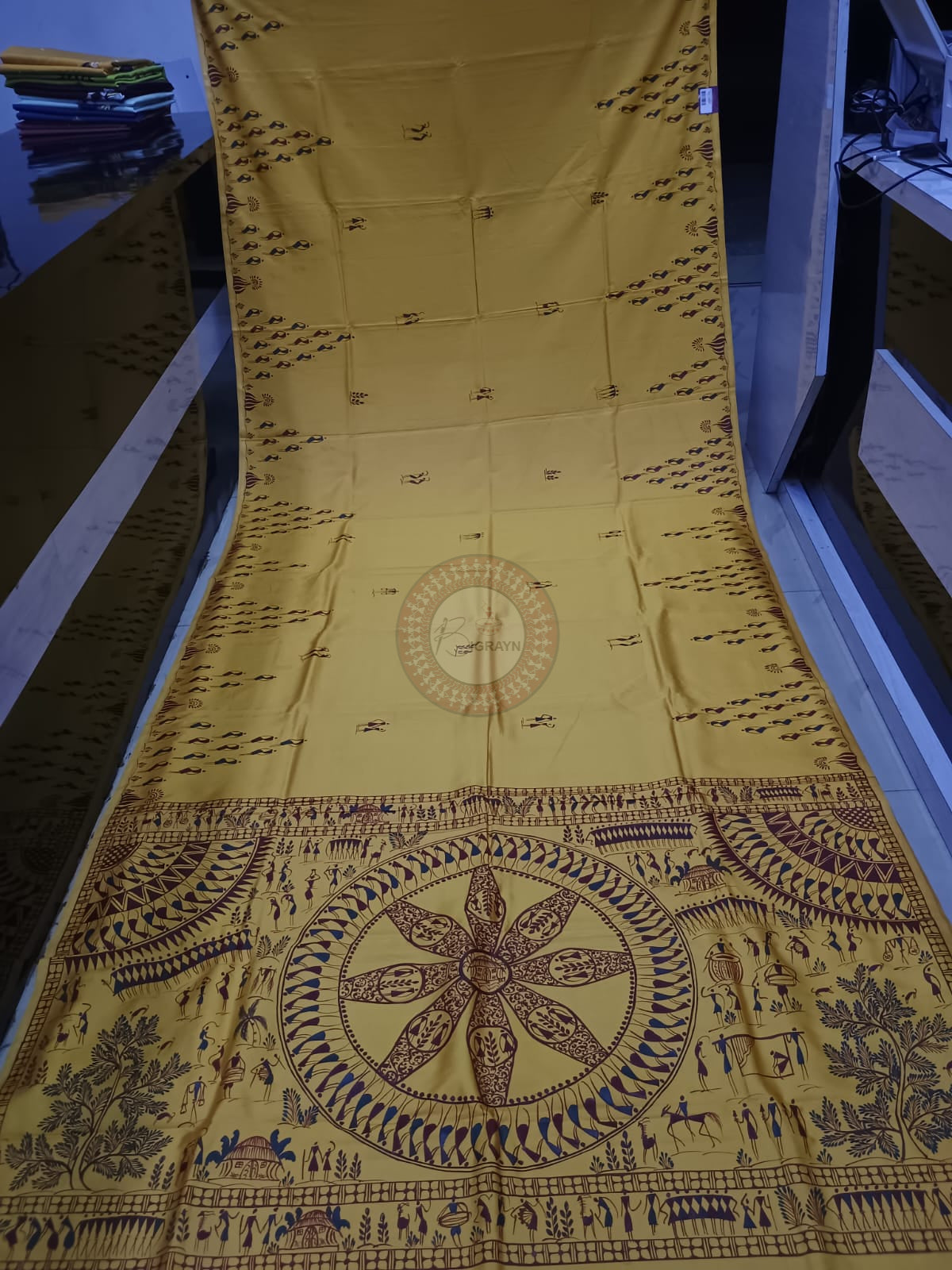 Mustard Yellow Tribal Konark Theme Khadi Silk Hand-Painted Pattachitra Saree | Traditional Odisha Art | Bigrayn Handloom