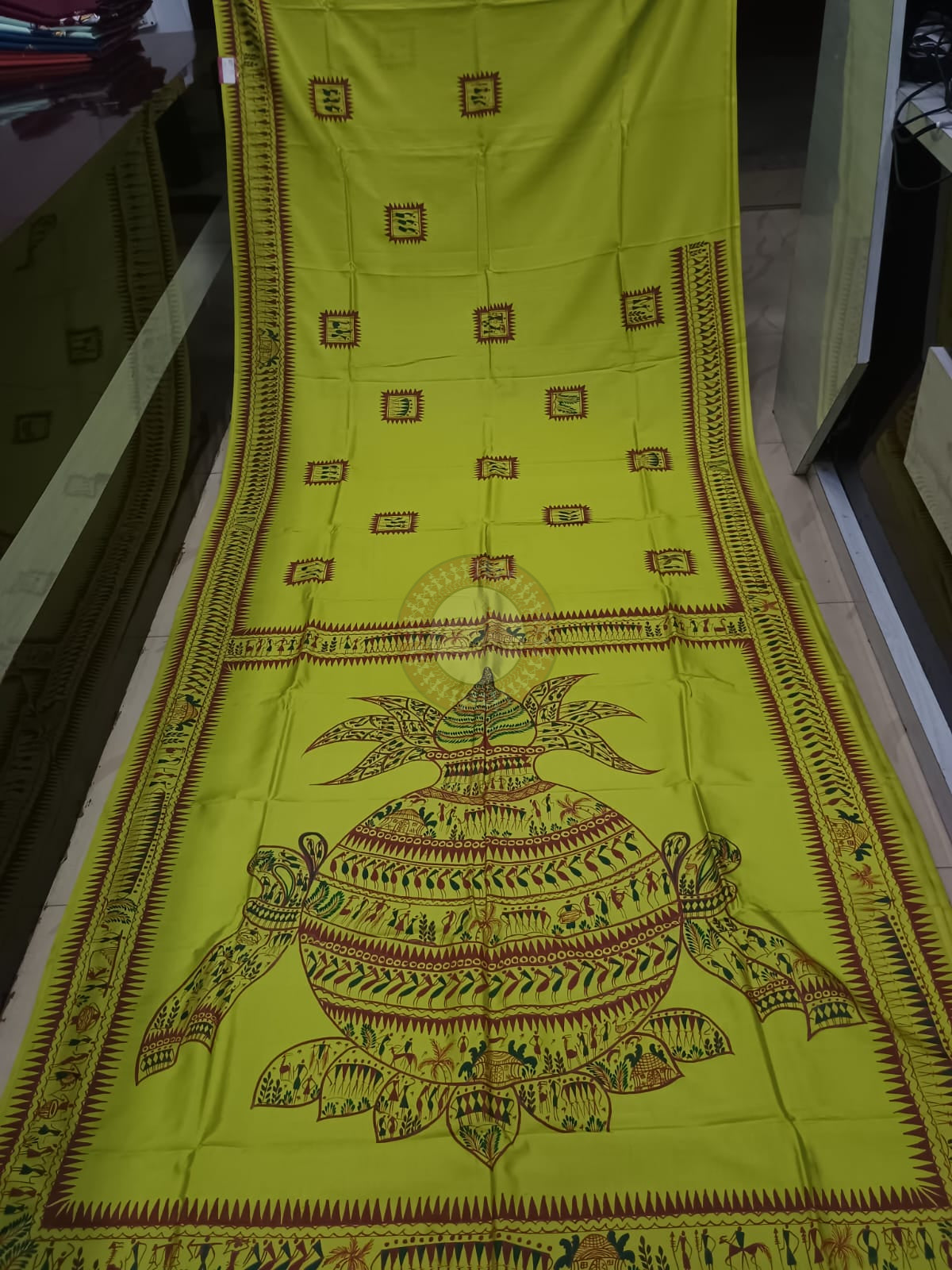 Neon Green Tribal Kandrapa Kalasa Theme Khadi Silk Hand-Painted Pattachitra Saree | Traditional Odisha Art | Bigrayn Handloom