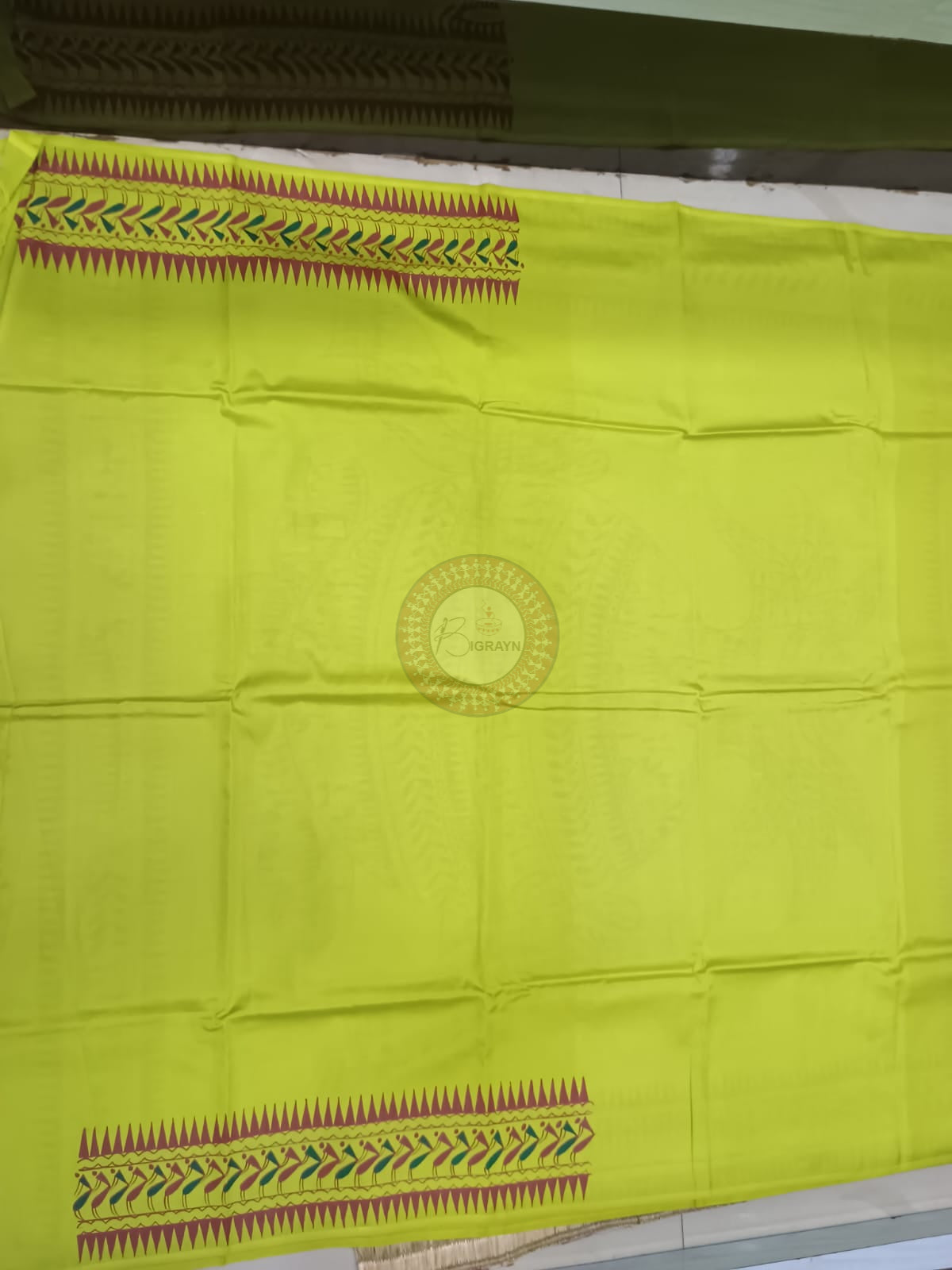 Neon Green Tribal Kandrapa Kalasa Theme Khadi Silk Hand-Painted Pattachitra Saree | Traditional Odisha Art | Bigrayn Handloom