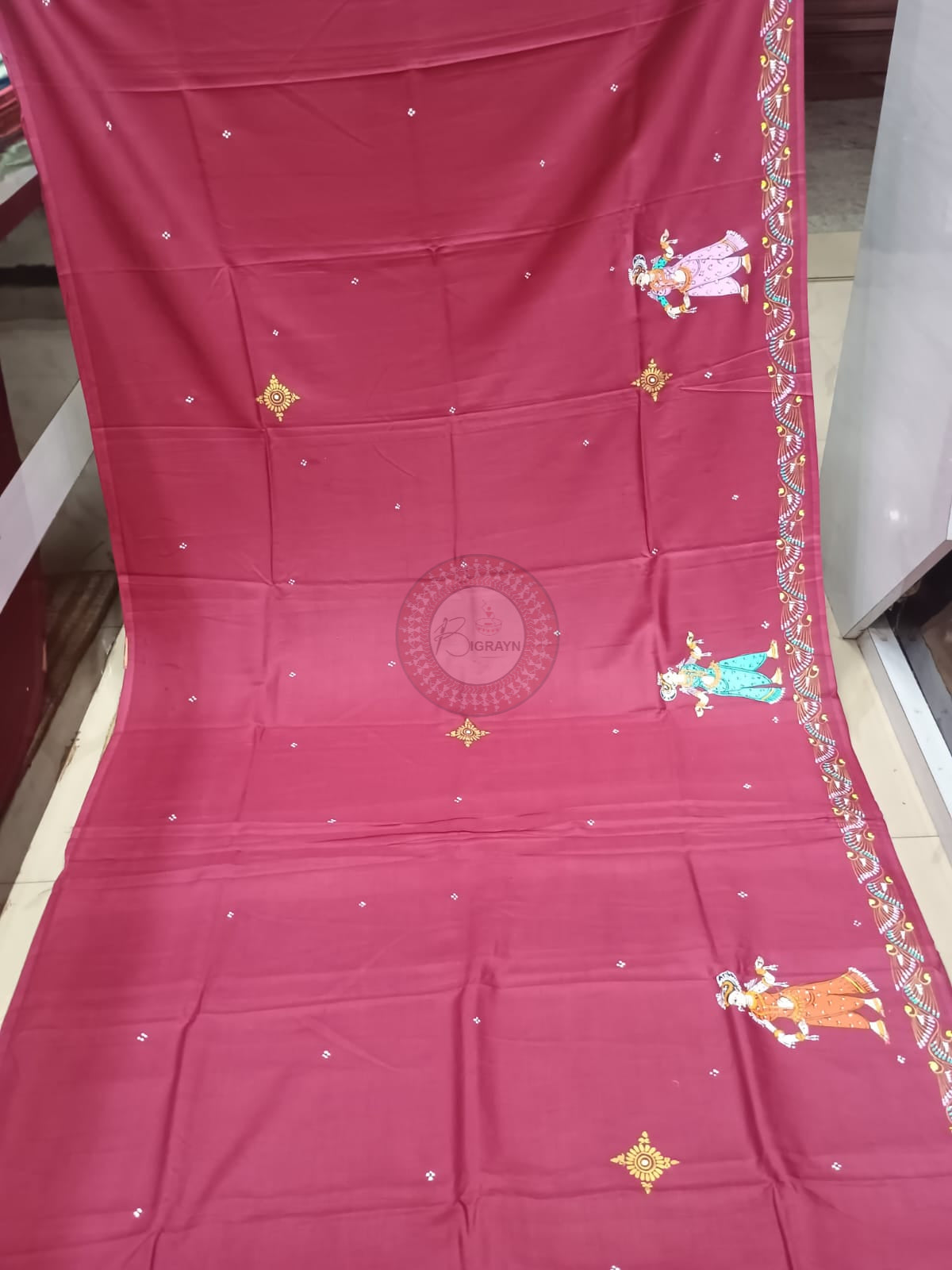 Maroon Radha Krishna Rasa Theme Khadi Silk Hand-Painted Pattachitra Saree | Traditional Odisha Art | Bigrayn Handloom