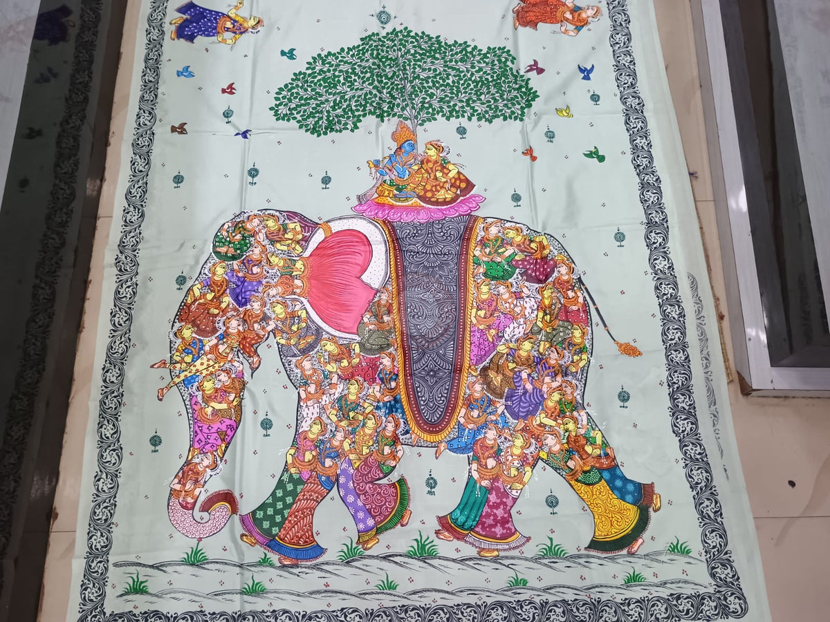Aqua Kandarp Hasti Theme Khadi Silk Hand-Painted Pattachitra Saree | Traditional Odisha Art | Bigrayn Handloom