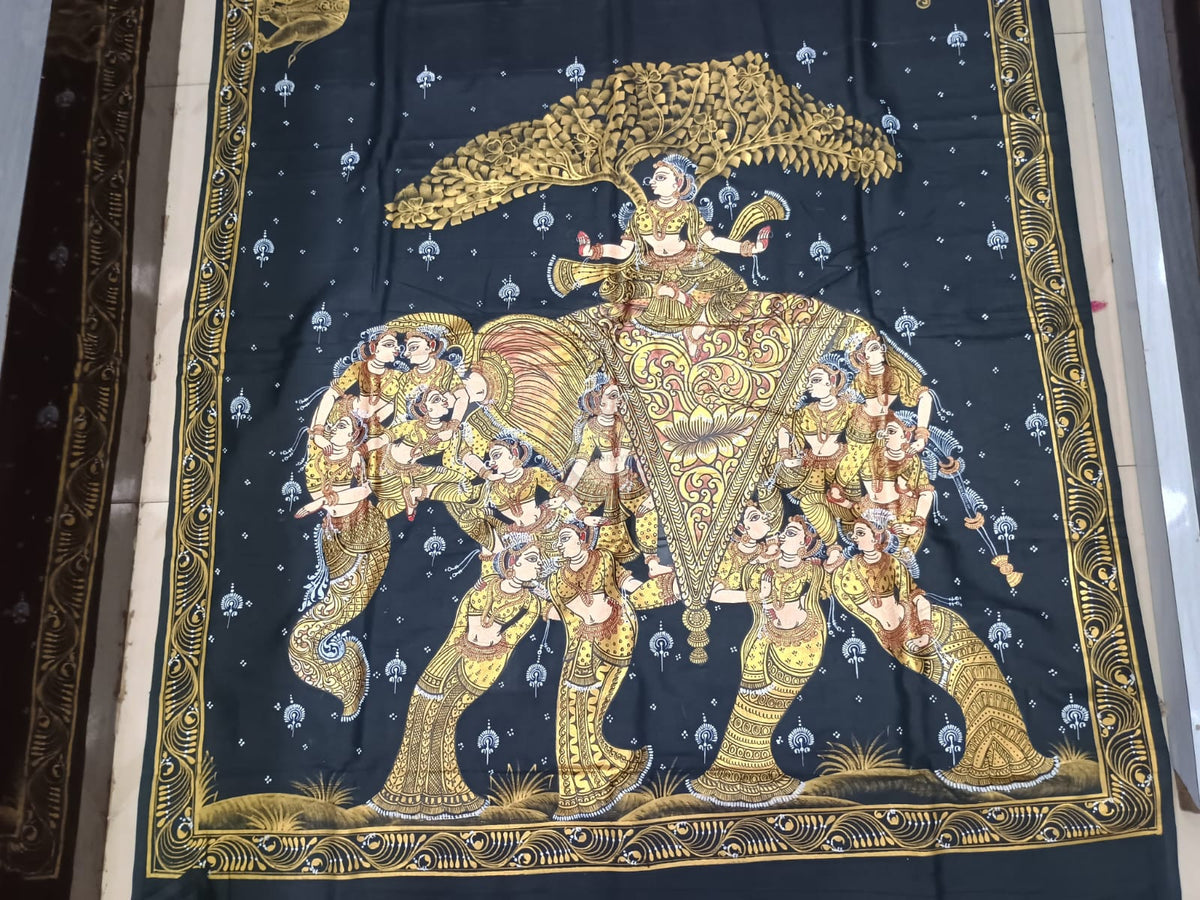 Black Kandarp Hasti Theme Khadi Silk Hand-Painted Pattachitra Saree | Traditional Odisha Art | Bigrayn Handloom