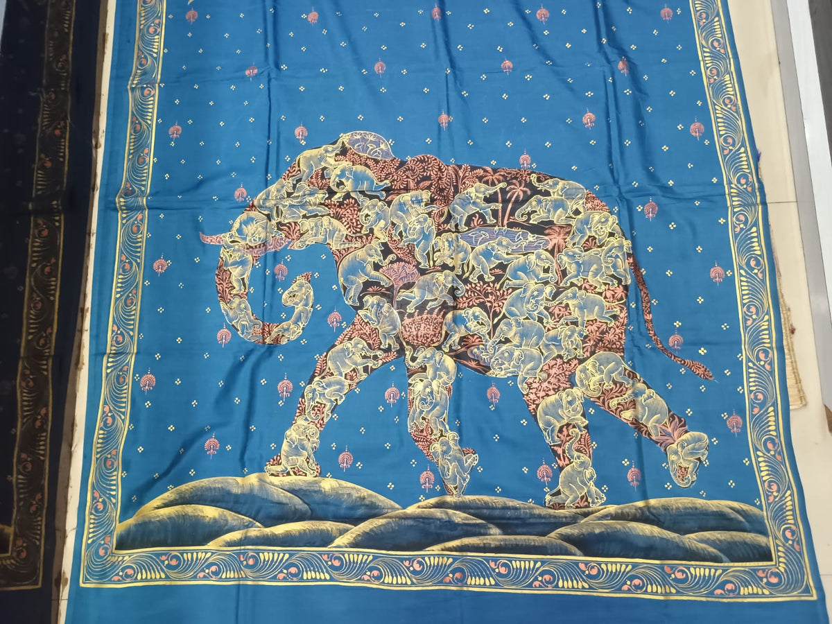 Teal Blue Kandarp Hasti Theme Khadi Silk Hand-Painted Pattachitra Saree | Traditional Odisha Art | Bigrayn Handloom