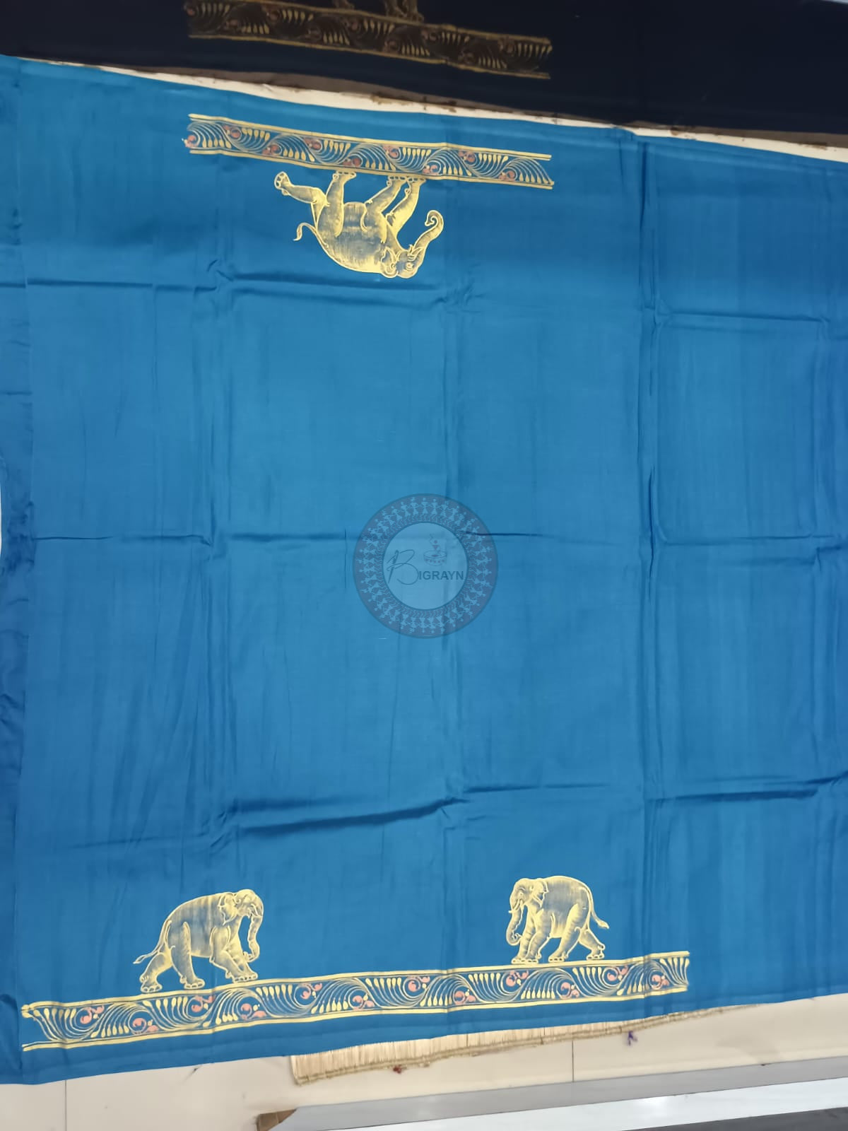 Teal Blue Kandarp Hasti Theme Khadi Silk Hand-Painted Pattachitra Saree | Traditional Odisha Art | Bigrayn Handloom